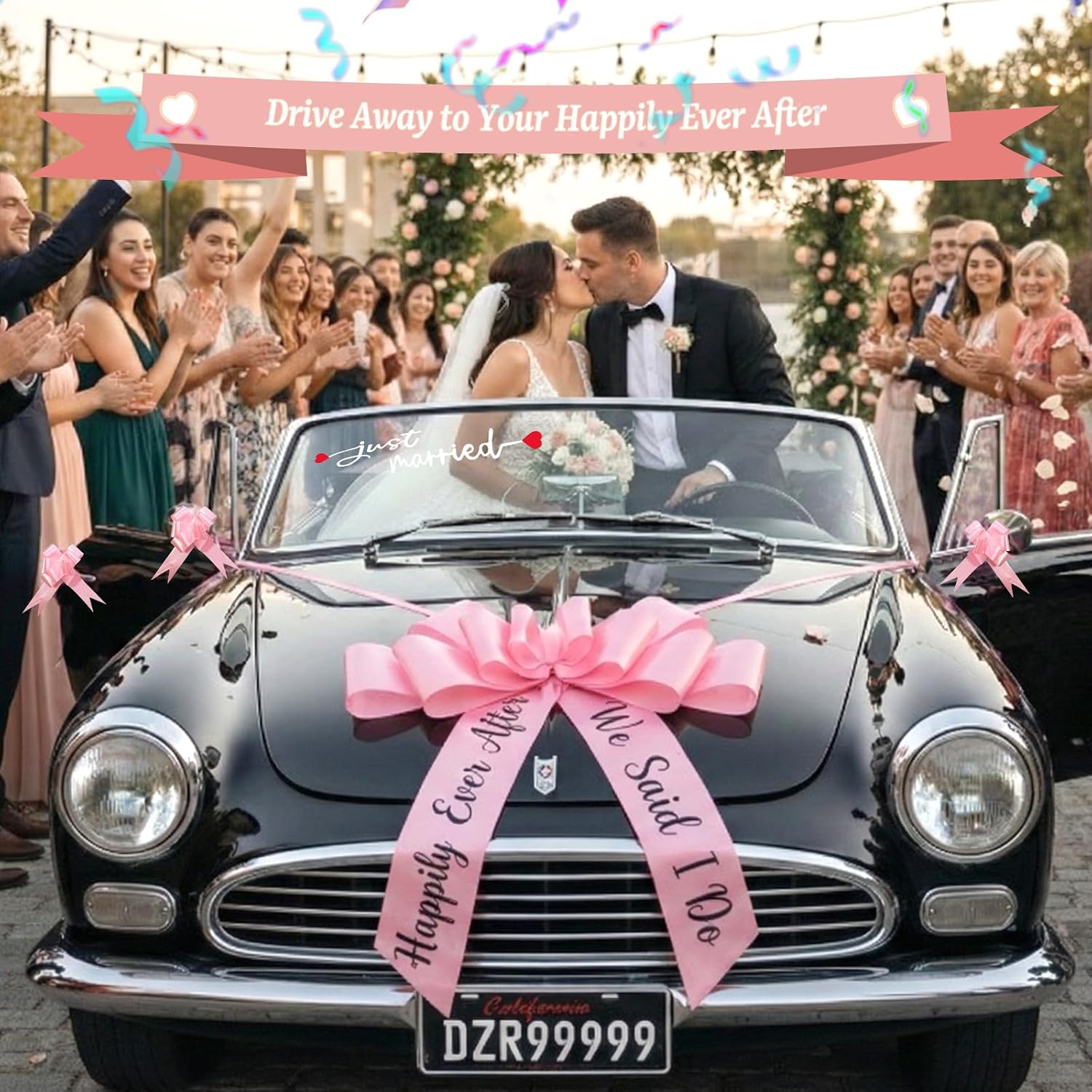 8 Pcs Just Married Wedding Car Decorations Kit-30 Inchs Big Car Bow, Giant Pull Ribbon Bow with Door Handle Ribbons, Rearview Mirror Bows & Decals for Bride Groom & Party Accessories (Pink)