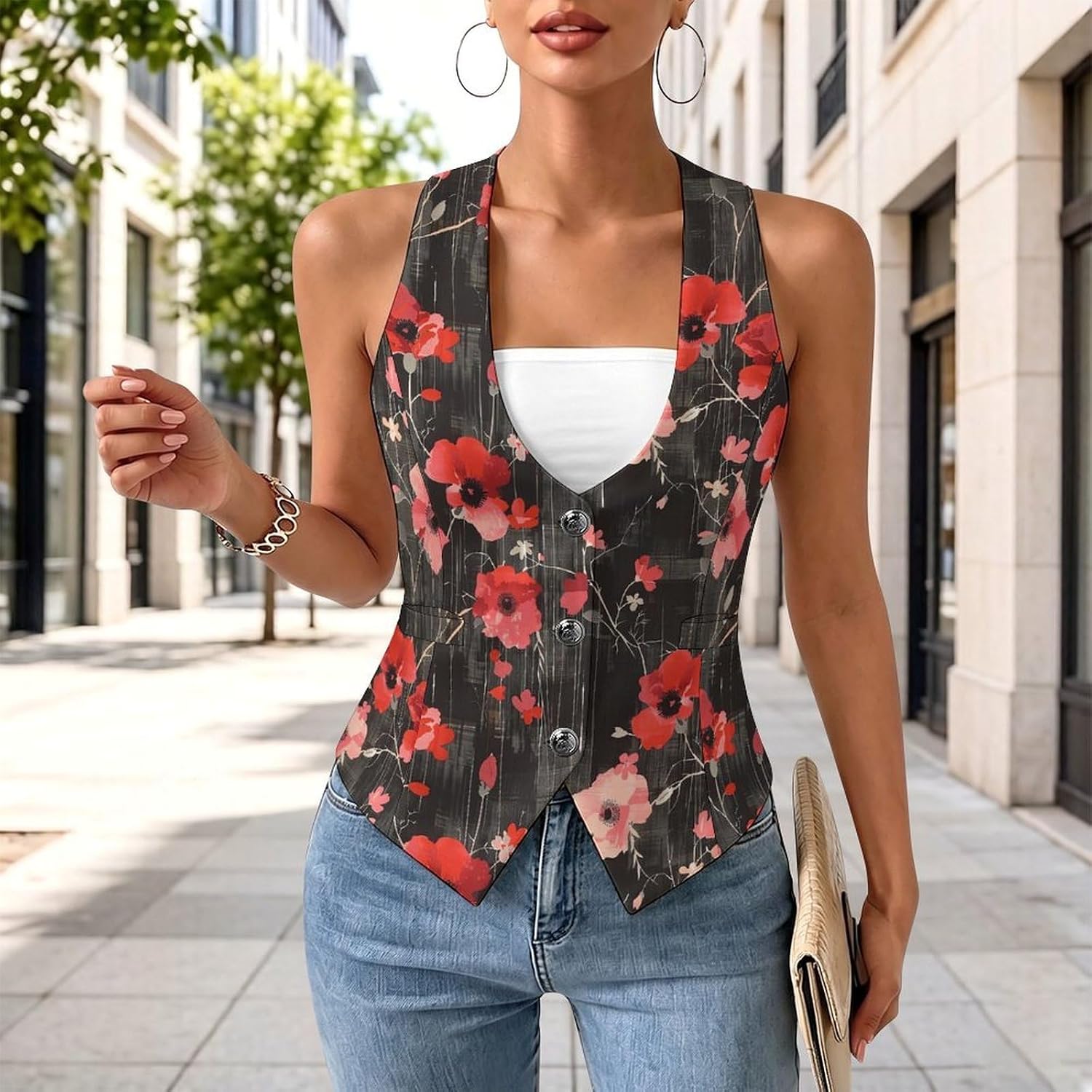 Poppy Flower Black White Checkered Women's Tuxedo Waistcoat Suit Vest | 3 Button V-Neck Slim Fit Casual Sleeveless Top