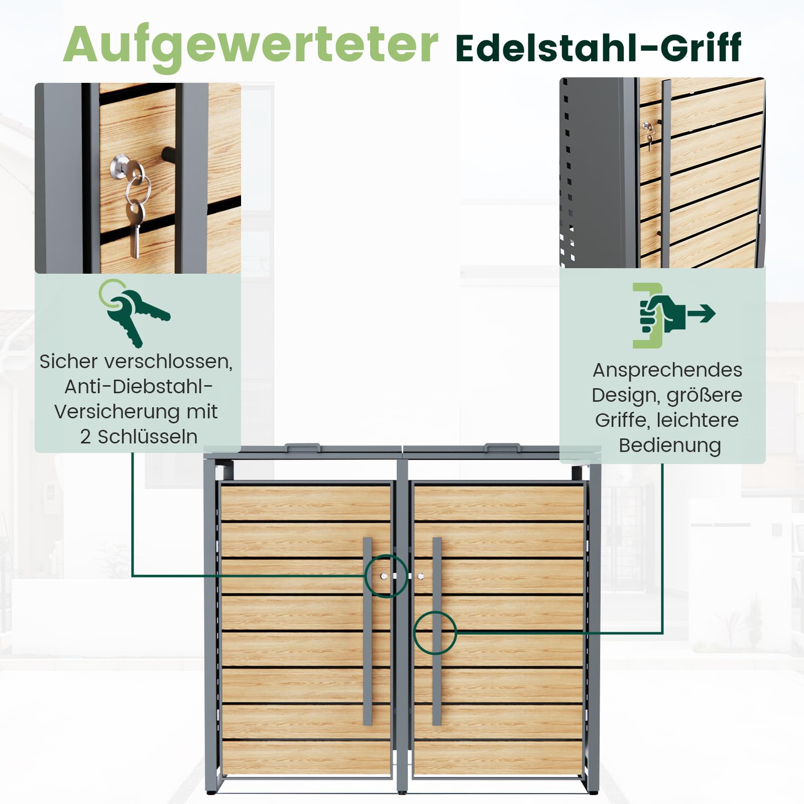 CHOSHOME Mülltonnenbox 2er 240L - Anthrazitgrau Verzinkter Stahl & Holzoptik - 2 Tonnen mit Abschließbar - inkl. Erweiterungsmöglichkeit - Mülltonnenverkleidung, Aufbewahrungsbox für Mülltonnen