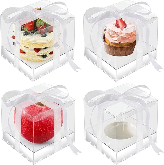 LATERN 20Pcs Clear Boxes for Favors, 9 x 9 x 11.5cm Transparent Gift Box withe Silver Base and Ribbon for Packing Cupcake Macaron Candy Cookies Ornament - for Wedding Party Baby Shower