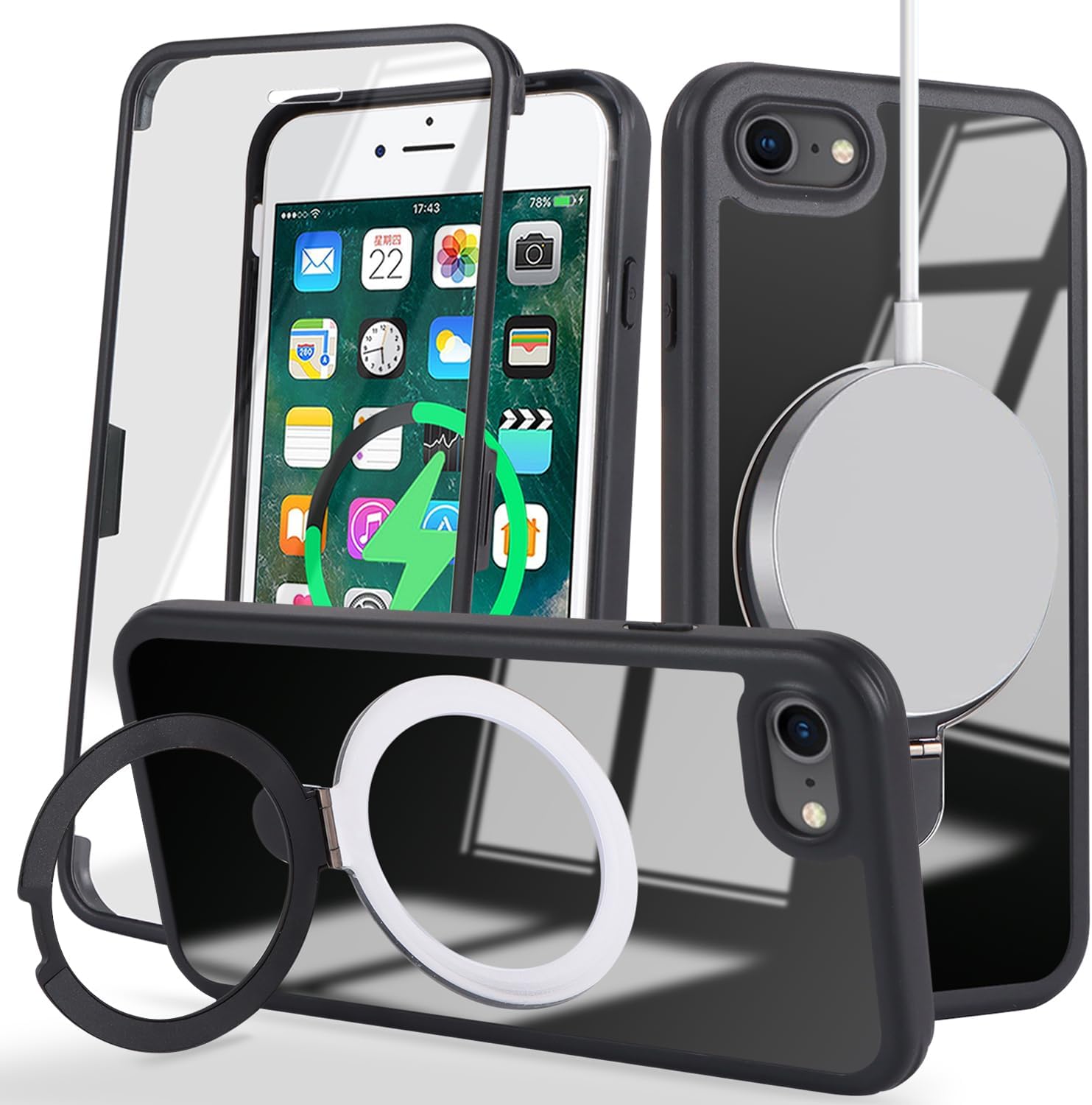 for iPhone SE 2022/2020 iPhone 8 Case with Screen Protector,Compatible with Magsafe, for iPhone 8 Case Built in Screen Protector,Protective Shockproof Stand Phone Cover-Black - Image 5