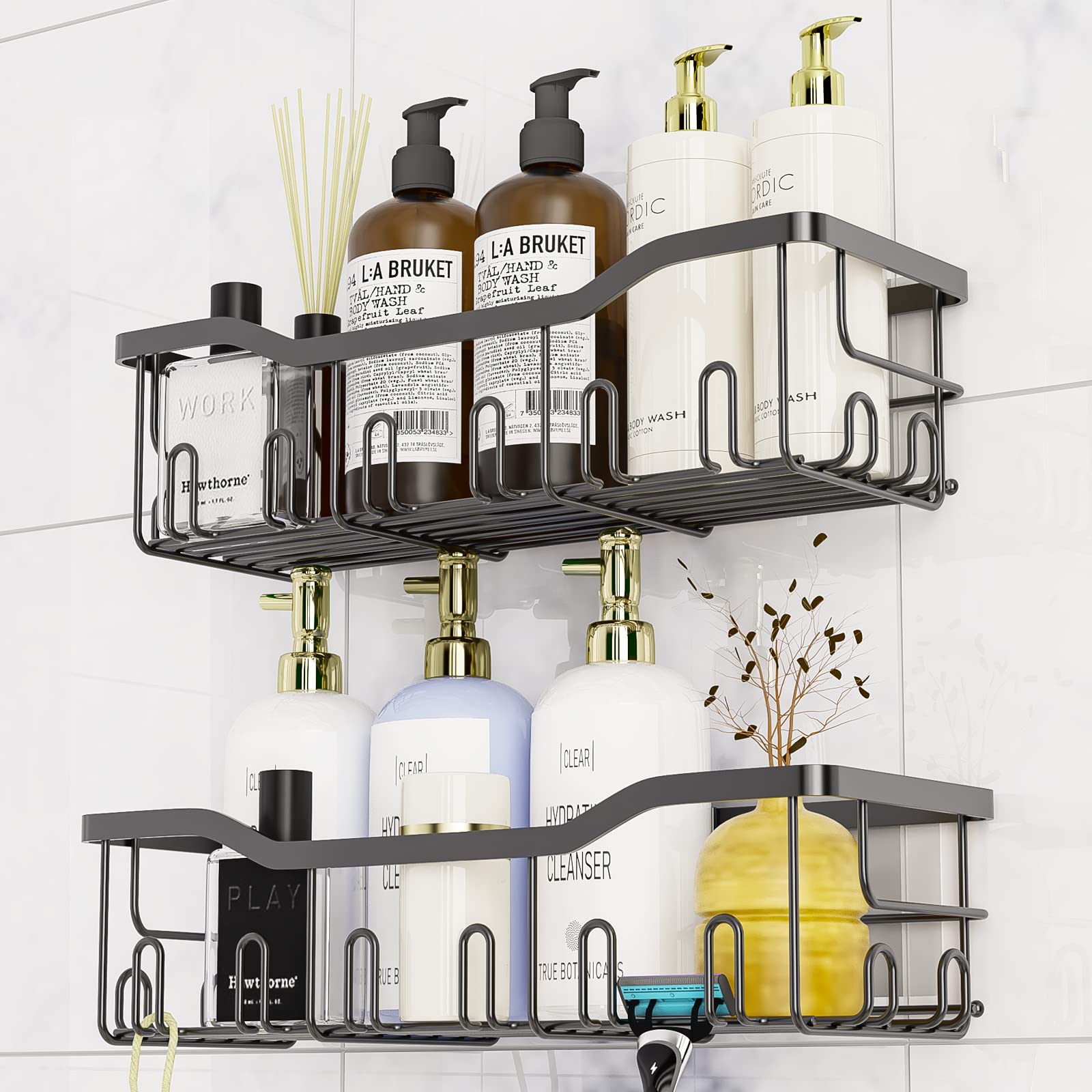 FZOLZO 2 Pack Adhesive Shower Caddy, Bathroom Shower Shelf with 20 Hooks, No Drilling Rustproof Stainless Steel Large Capacity Suction Cup Shower Shelves Organizer for Toilet & Kitchen Storage, Black