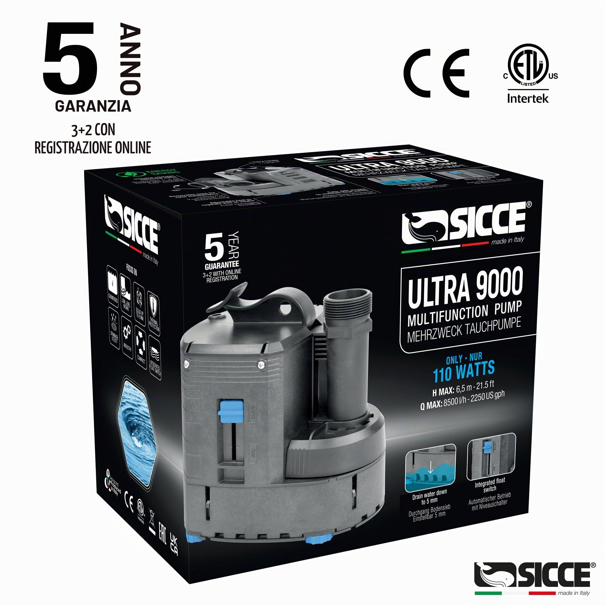 SICCE ULTRA 9000 Pompa Immersione, svuota piscine e pozzetti, AUTOMATICA con galleggiante10m 3P EU