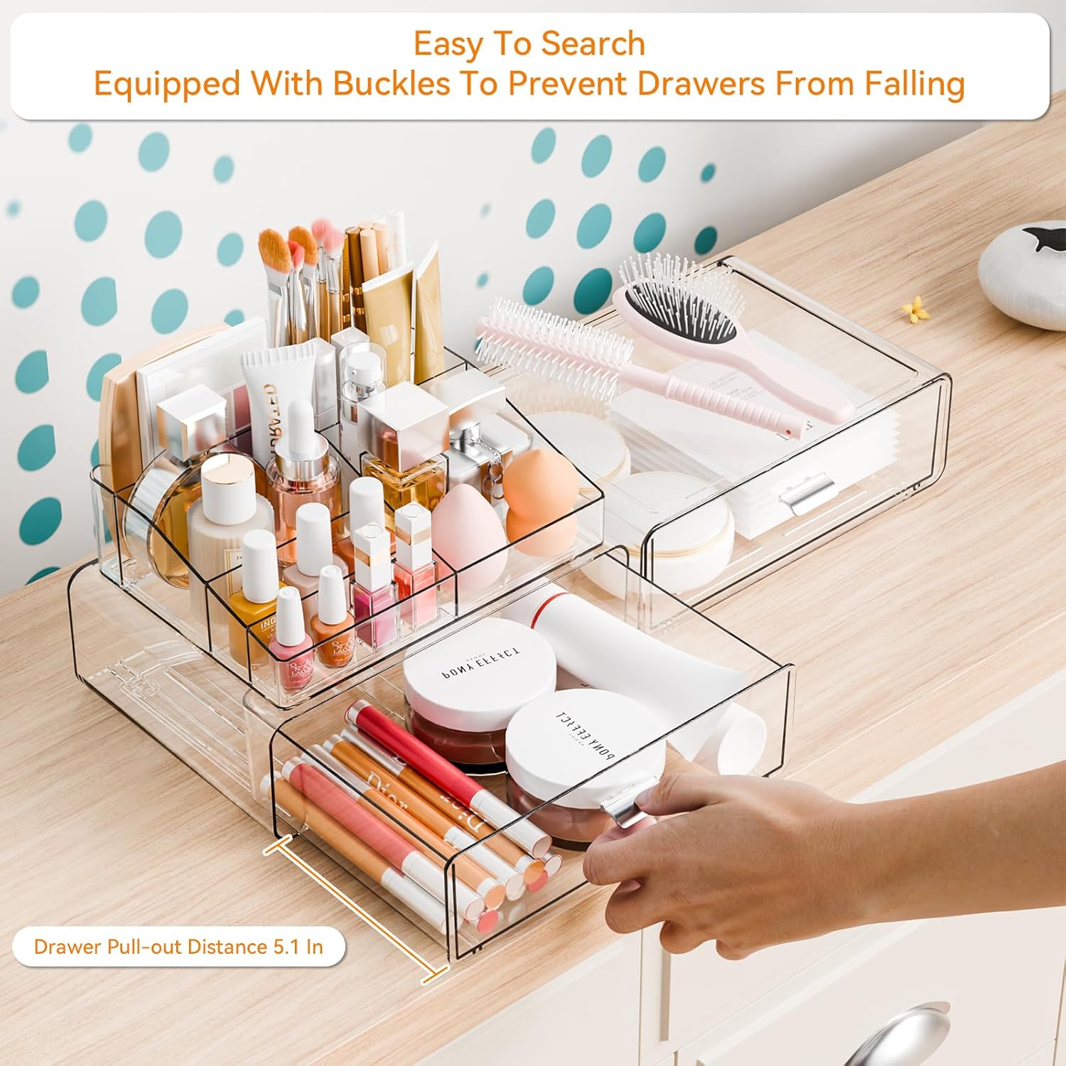 Yieach 3 Tier Clear Acrylic Makeup Organizers with Drawers,Tiered Countertop Make up Storage Organizer for Dresser Top and Bathroom Vanity,Plastic Makeup Stand for Brush,Skincare,Beauty Organizers - Image 2