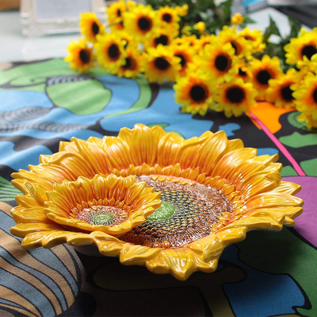 Ceramic Chip & Dip Platter,11 inches Double Layer Hand-painted Yellow Decorated Plate -Sunflower