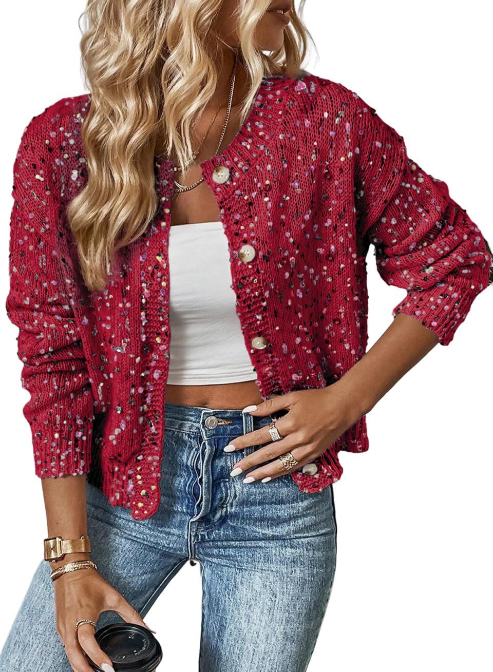 SELINK Womens Cardigan Sweater Elegant Rhinestone Decor Multicolor Confetti Sweater Cardigan Solid Long Sleeve Outwear