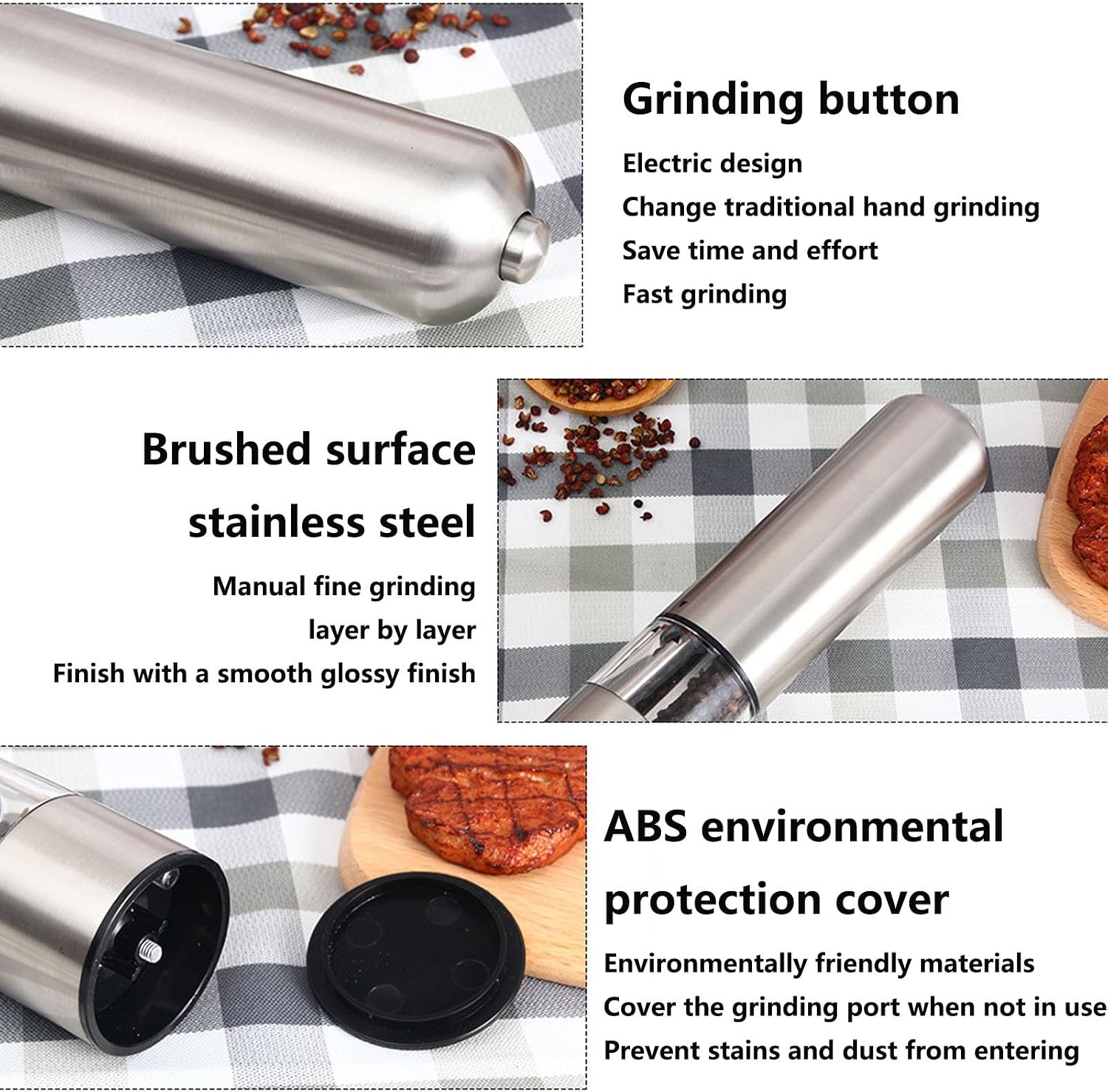 Electric Salt Grinder Electronic Salt Shakers One Hand Automatic Operation 304 Stainless Steel with Adjustable Coarseness Battery Operated for Home,Restaurant,BBQ(Black)