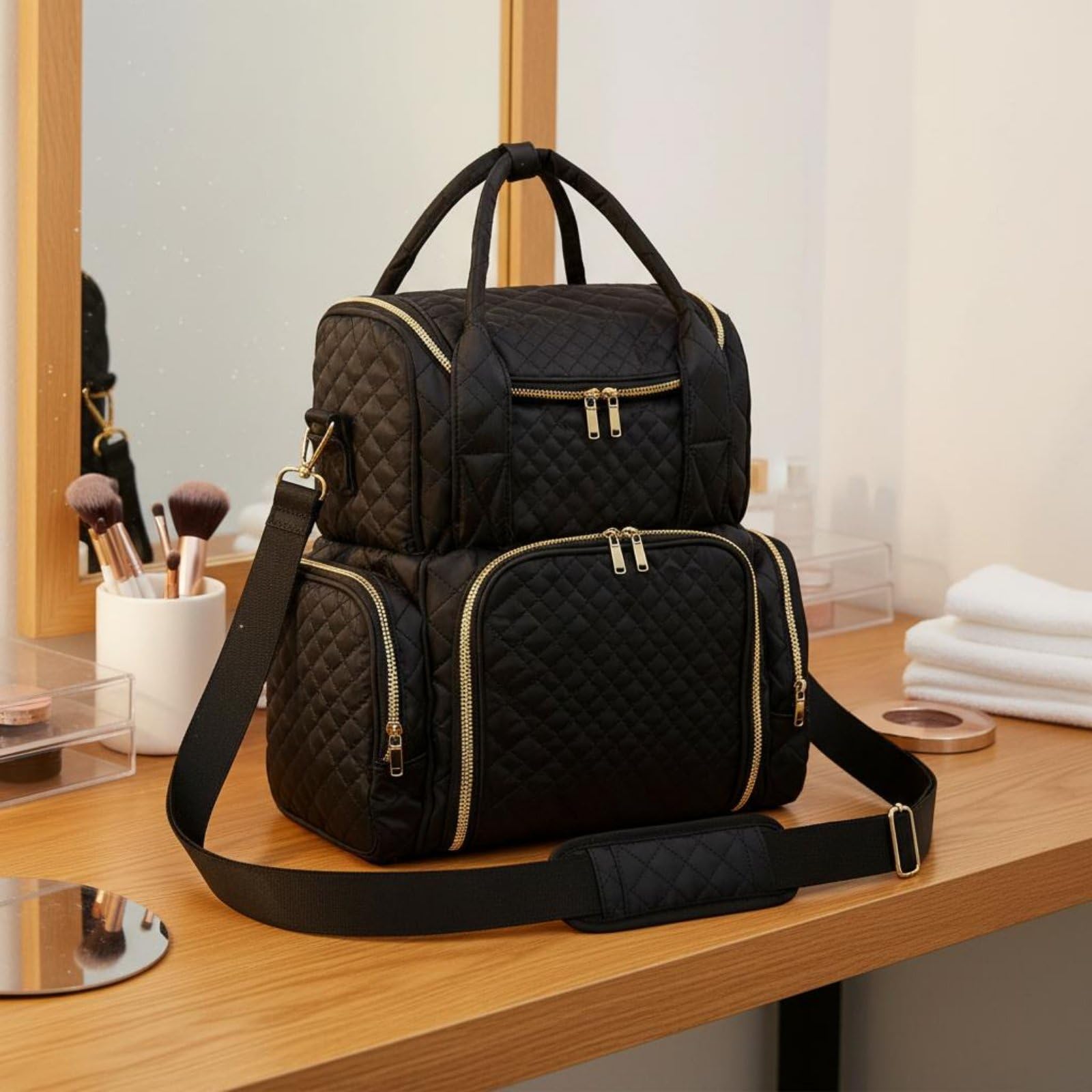 Amagogo Makeup Organizer Borsa Trucco Organizer Cosmetici Beauty Case Portatile Borsa da Toilette in Poliestere Trapuntato con per Pennelli E Smalti a Doppio, Array, Rosa
