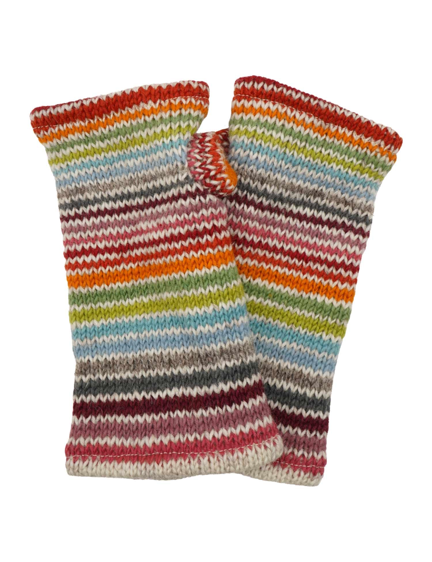Pachamama Women's Multicolour Wool Hand Wrist Warmers Fleece Lined Handknitted Stripe Ed One-Size Handmade Thumbhole Thermal Extra Warm Fair Trade