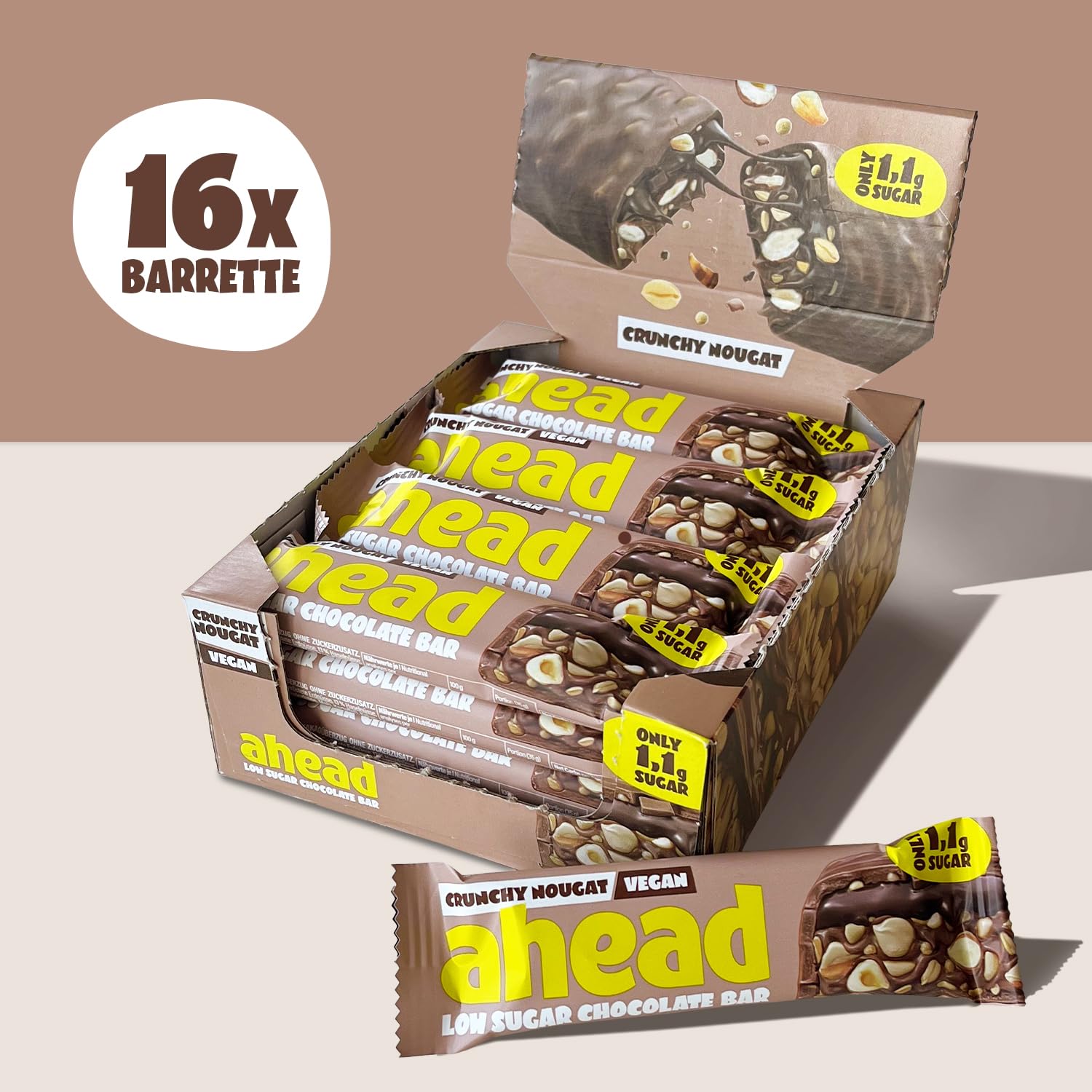 AHEAD Barrette Keto Vegane – 16 x 35g – Crunchy Nougat– Barrette senza zucchero – solo 5g di carboidrati netti per barretta chetogenica – keto bar con cioccolato senza zucchero