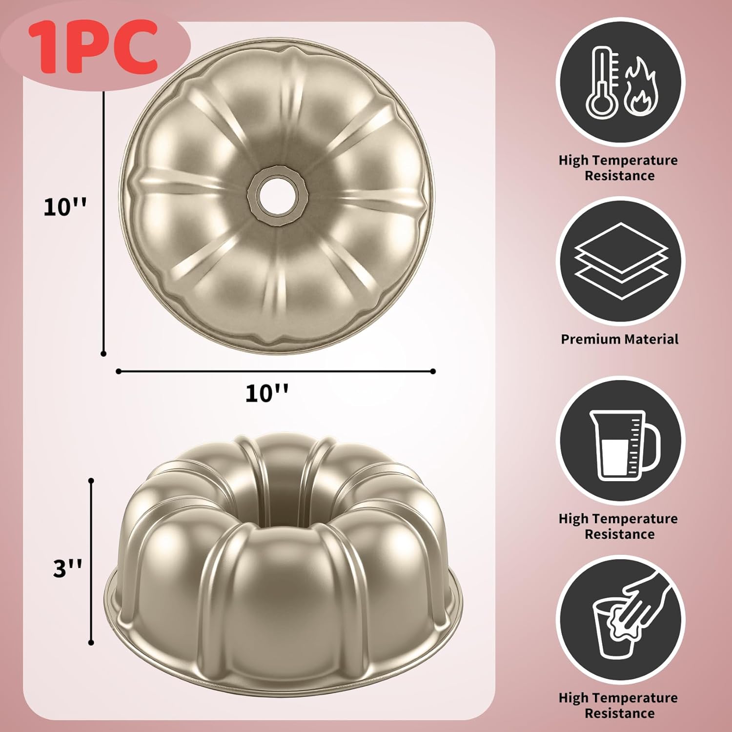 10 Inch Cake Pan, Nonstick Round Fluted Tube Cake Baking Pan, Buntz Pound Cake Mold,Tube Bakeware,Baking Mold for Jello/Gelatin/Chocoflan/Flan, Non Toxic, Easy Clean - Gold - Image 2