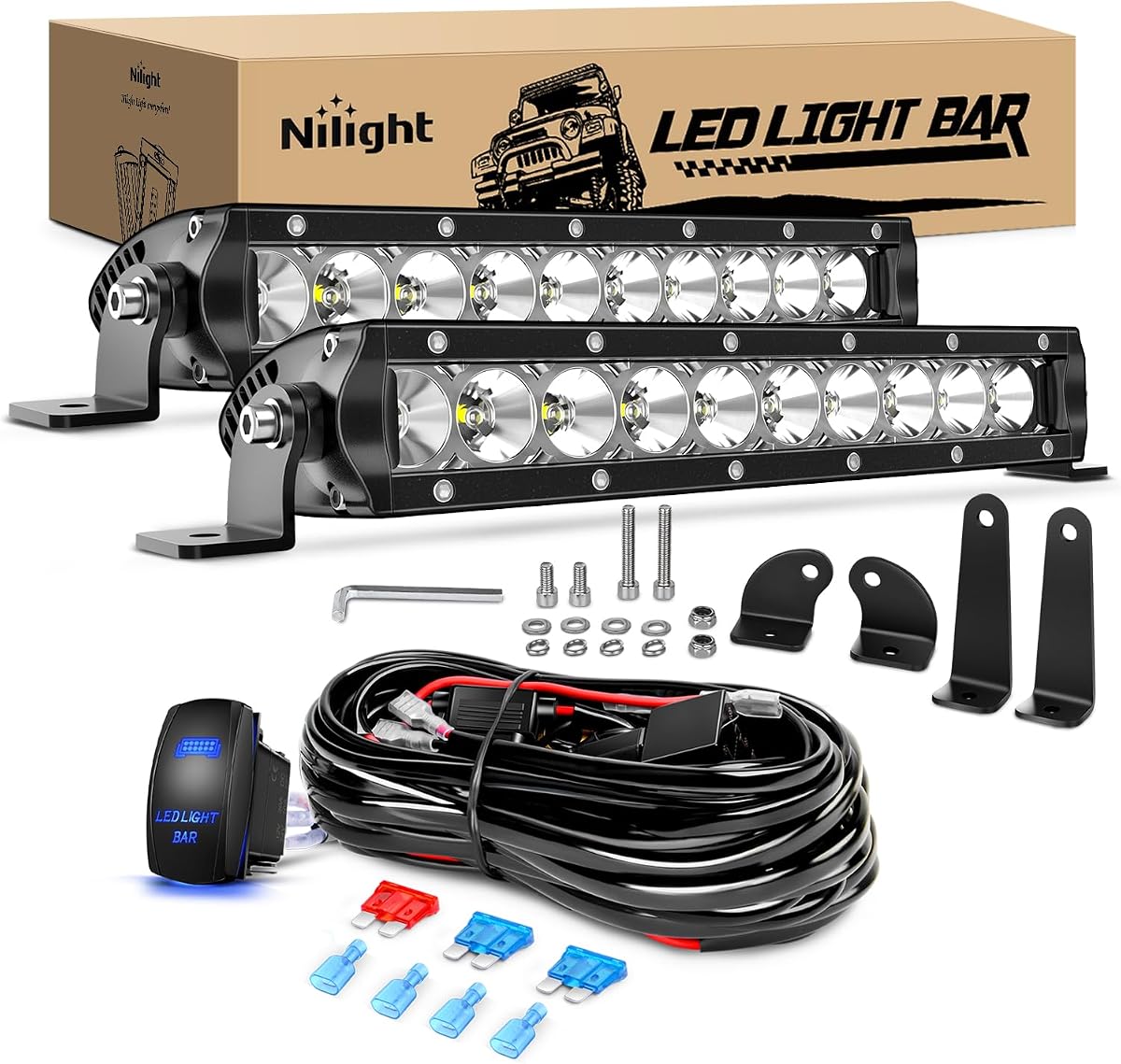 Nilight Led Light Bar 2Pcs 11 Inch 50W Super Slim Spot Flood Combo 5000LM 3D Driving Fog Off Road Lights Pods with Wiring Harness Kit-2 Lead for Trucks Pickup SUV ATV UTV Boat 4x4 Van Camper