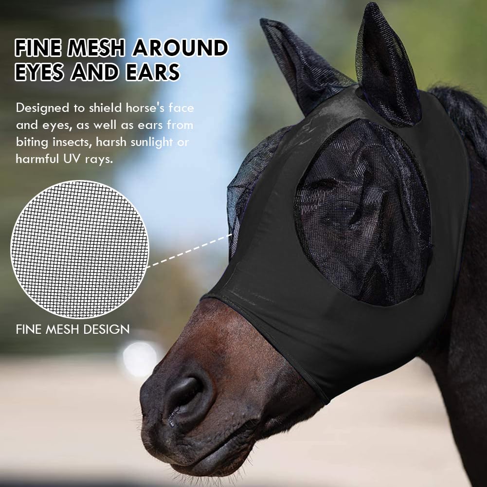 Adiwo Máscara Antimoscas para Caballos, 1PCS Máscara de Mosca de Caballo con Orejeras,Negro Máscaras Faciales para Caballos Anti-UV, Malla Transpirable, máscara de Freno elástica. — view 6