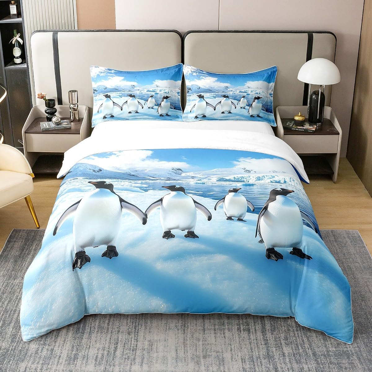 100% Cotton Penguin Duvet Cover Queen Size 3 Pcs 3D Natural Ice Blue Sky Decor Bedding Set for Kids Teens Adults Cute Antarctic Penguin Wild Animal Comforter Cover,2 Pillowcases,No Comforter