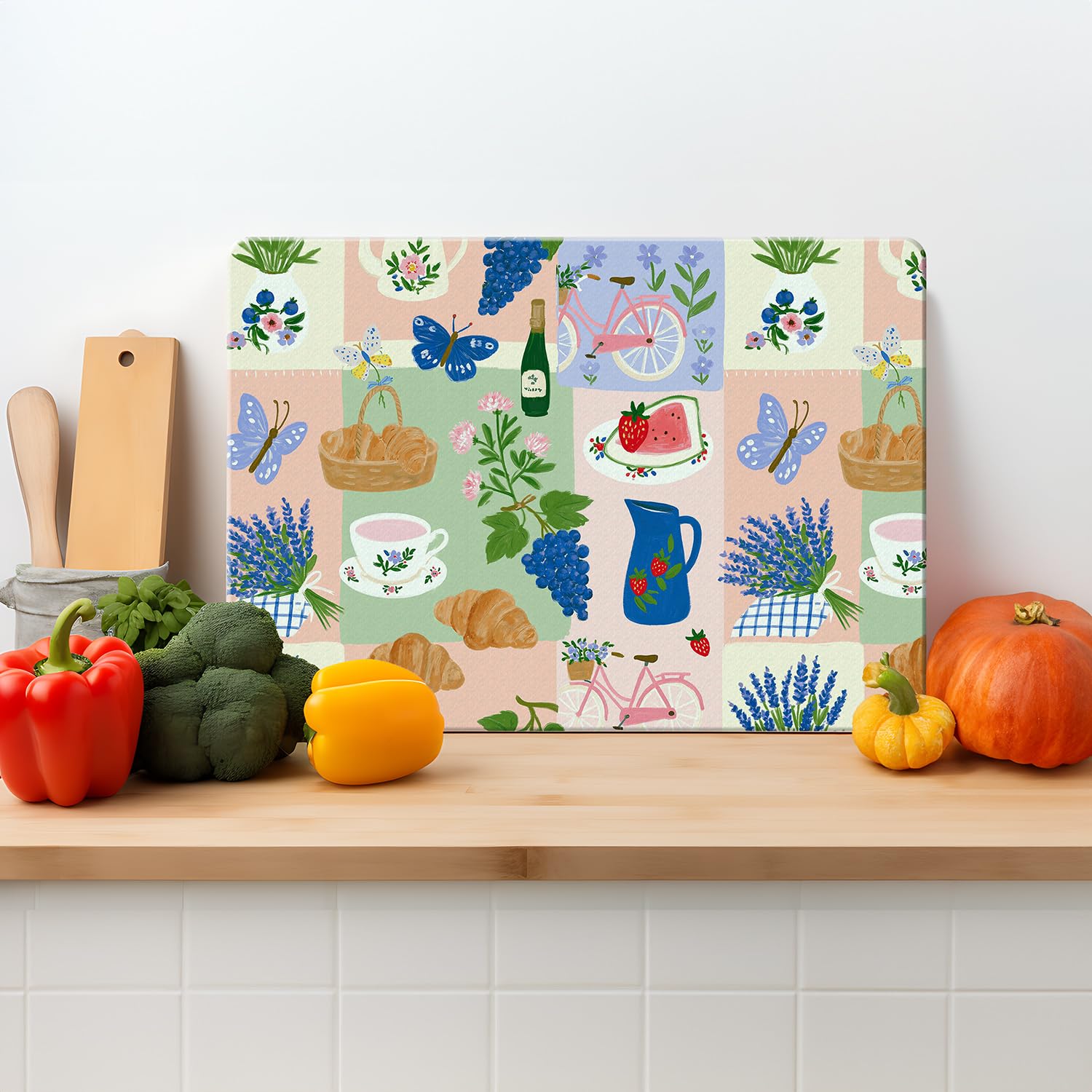 Glass Chopping Board – Provence Garden Patchwork – Textured Tempered Glass Cutting Board – 39 x 29cm Kitchen Worktop Saver – Non Slip, Heat Resistant, Easy Clean Large 39cm x 29cm