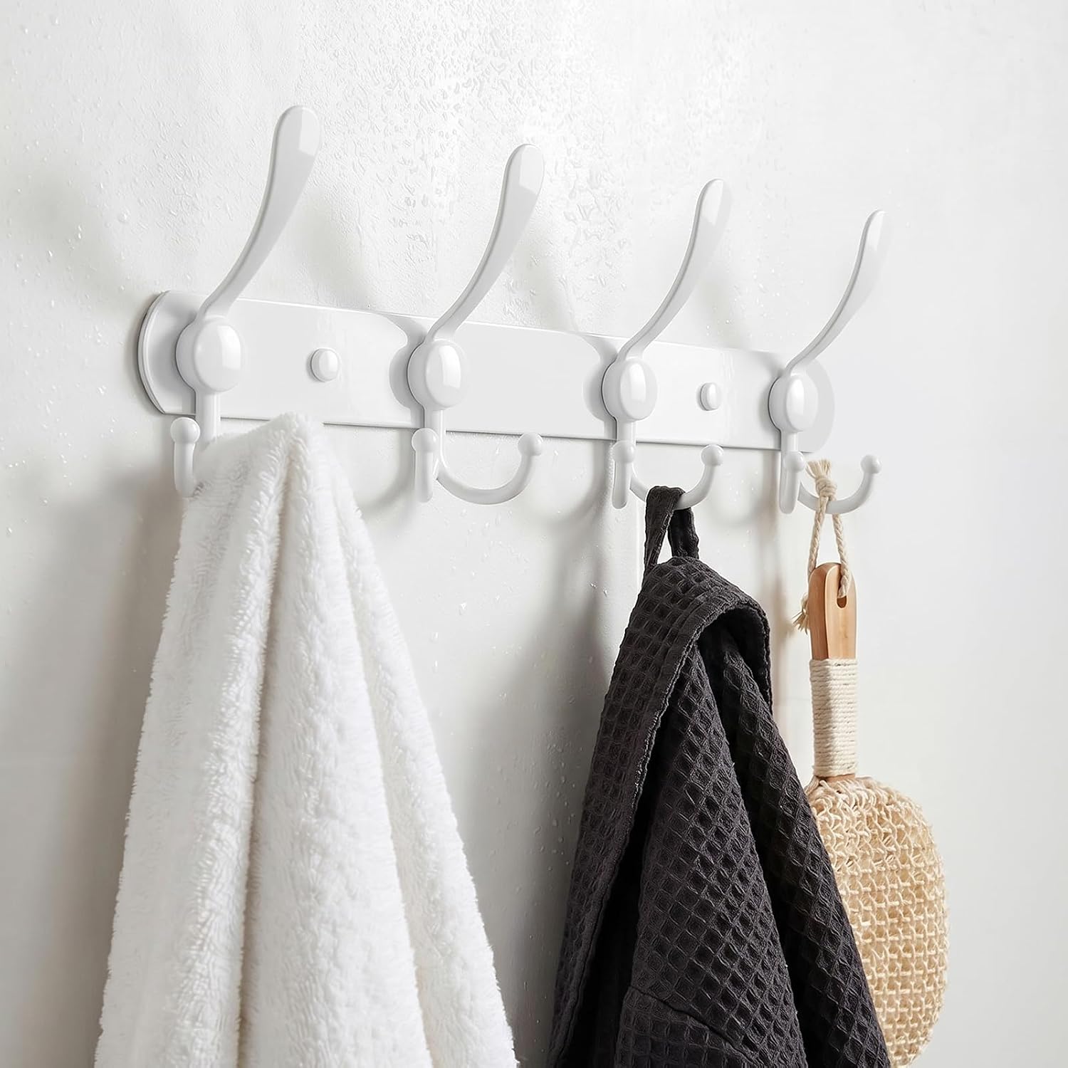 YUNISS Coat Rack Wall Mounted，4 Tri Stainless Steel Coat Hook for Coat Hat Robes Towel in Mudroom Entryway (White, 2 Pack 4)