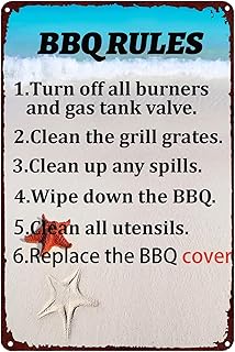Funny BBQ Rules Metal Tin Sign Turn Off All Burners and Gas Tank Valve Rustic BBQ Metal Sign Camping Signs for Man Cave Home Restaurant Kitchen Garden Bars Cafes Store Club 8"x12"