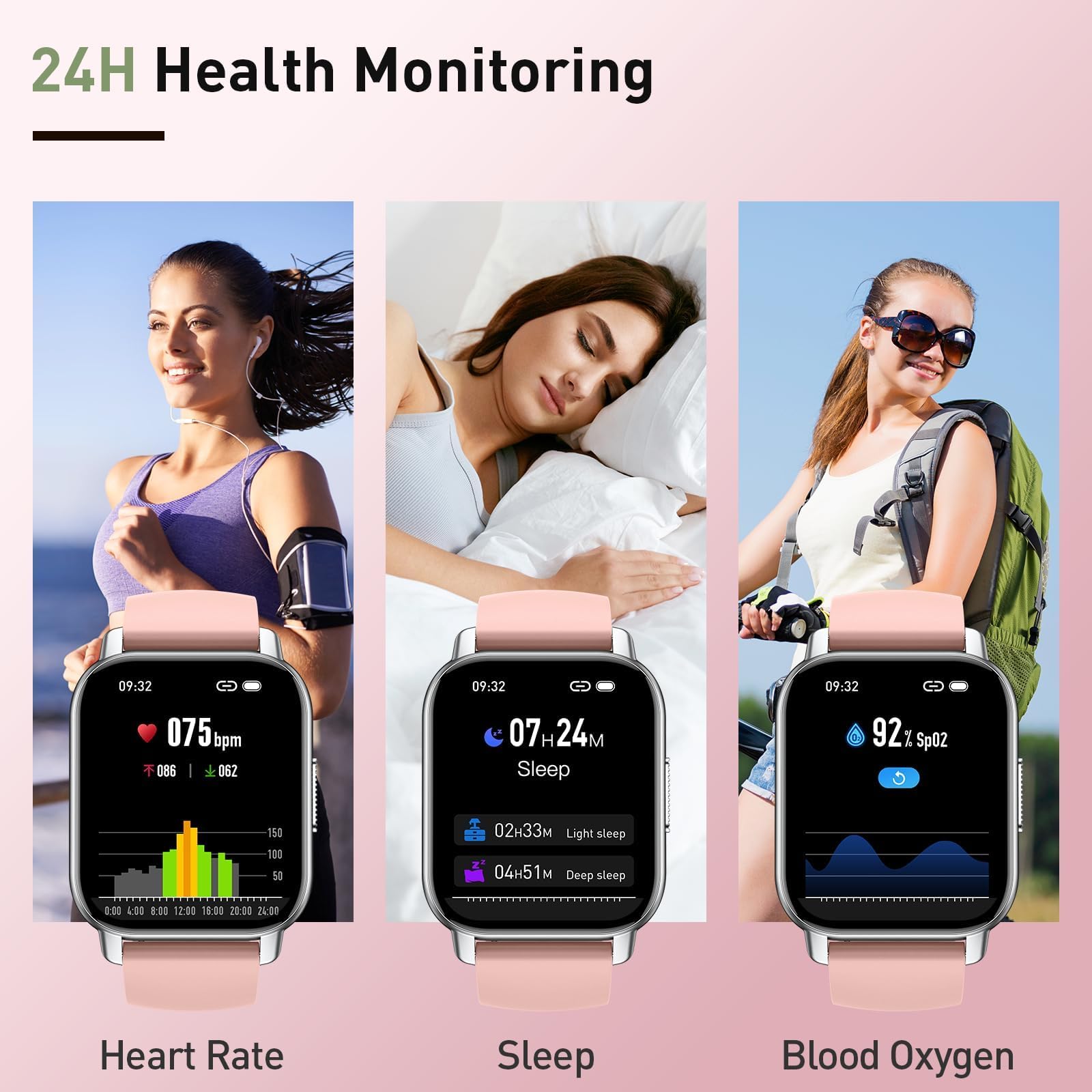 Cillso Smart Watch for Men Women, 1.85" Fitness Watch with Bluetooth 5.3 Call, Smartwatch with Heart Rate/Sleep Monitor, 110+ Sports Modes, IP68 Waterproof Activity Tracker for Android iOS, Pink — view 3