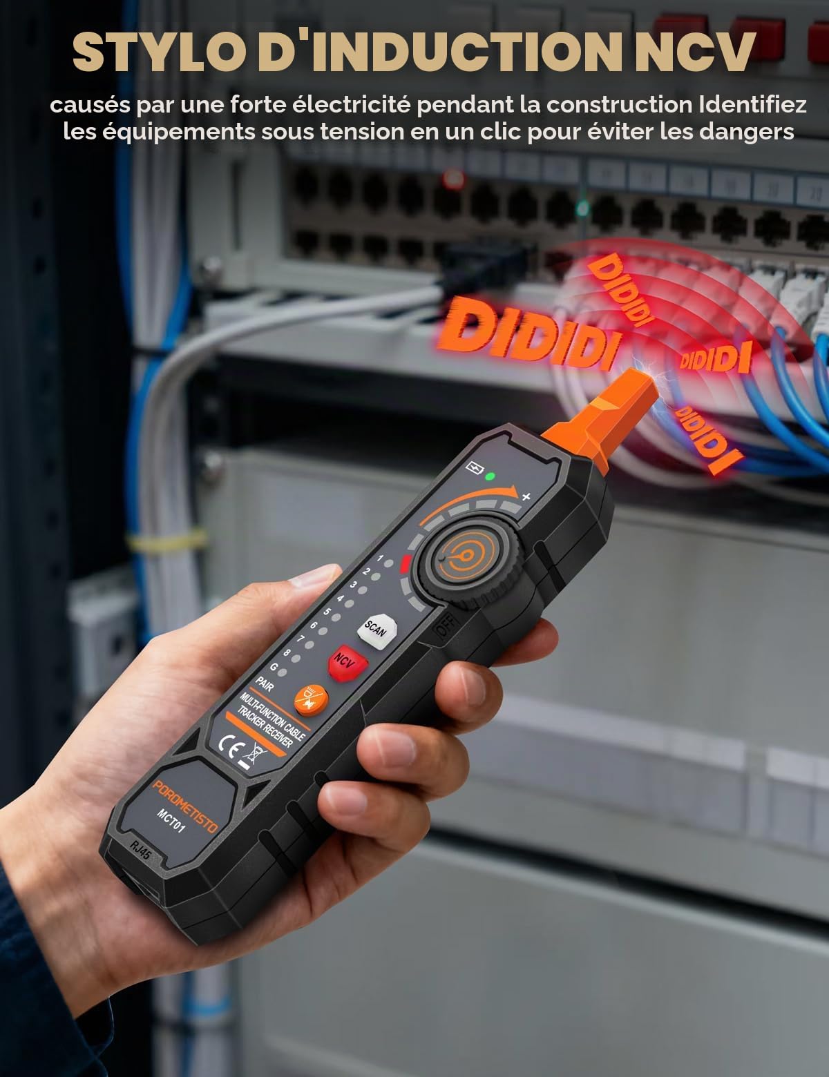 Testeur de Câble Réseau 4 en 1 Ethernet RJ45 RJ11, Traceur de Lignes Électrique NCV, Anti-Interférence, Alarme Sonore, Outil Électricien Professionnel