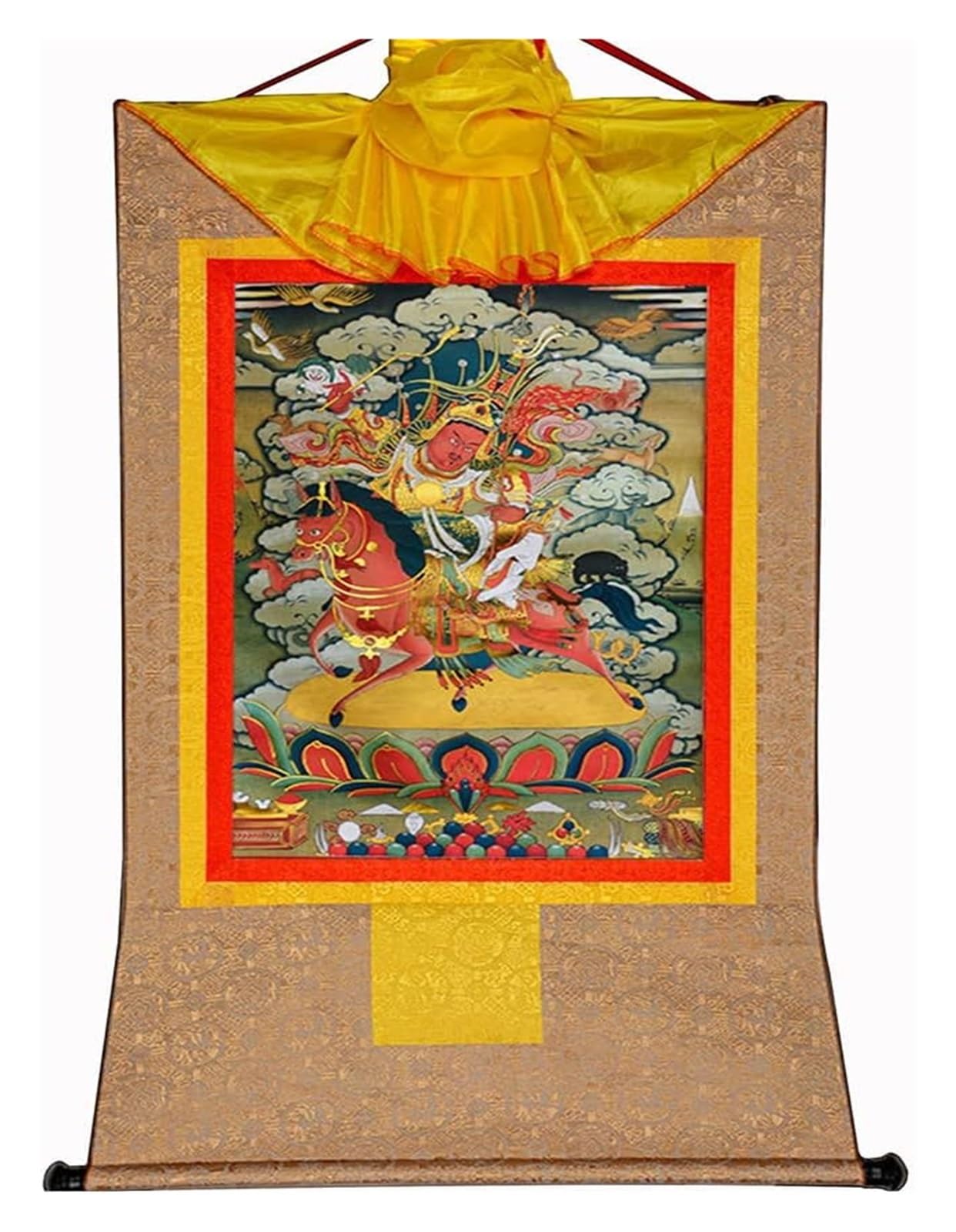 Thangka-Gemälde, tibetisches Thangka, Thangka-Gemälde, buddhistischer Wandteppich, König Gesar, tibetische Thangka-Malkunst, buddhistischer Thangka-Brokat, Buddha-Wandteppich mit Schriftrolle(Beige,La