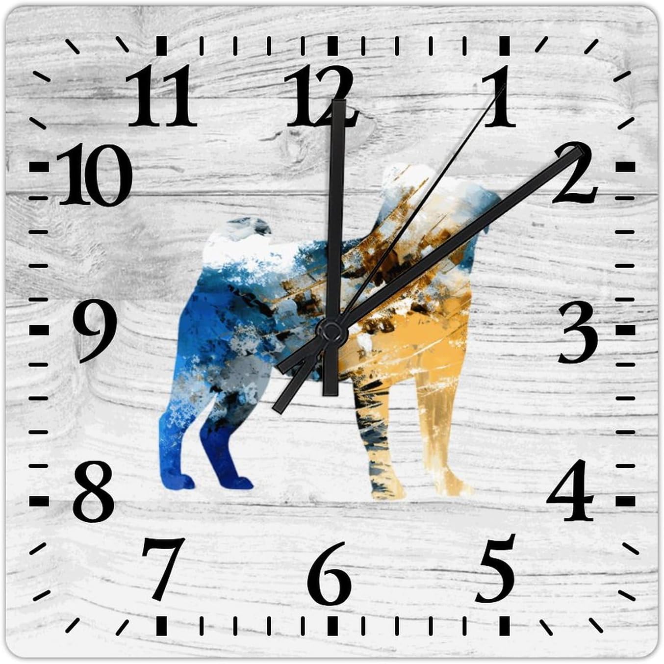 Pug Square Wall Clock Dogs Puppies Clock Large Wall Clocks Battery Operated 15 Inch Non-Ticking Modern Home Decor for Kitchen Living Room Bedroom