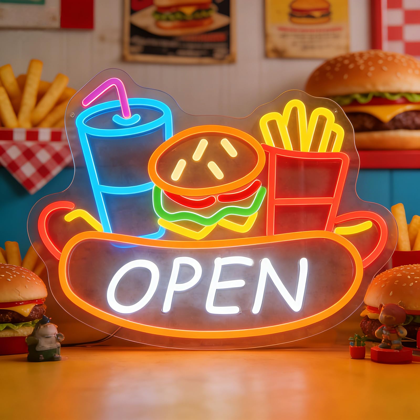 Burger Fries OPEN Neon Sign Dimmable LED Neon Light for Fast Food Restaurant Cafe Snack Shop USB Powered Business Open Sign Wall Decor for Hamburger Shop Storefront Kitchen Man Cave (15.75*11.02 IN)