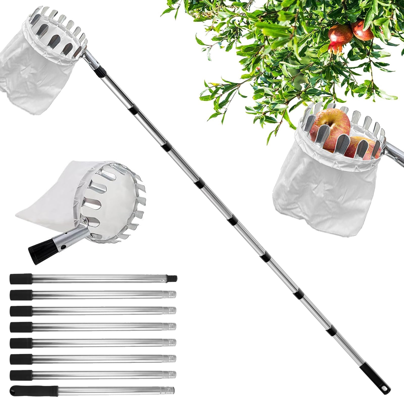 Recogedor de Frutas Telescopico,Cesta Recogedora de Manzanas 3.2m,con poste telescópico de acero inoxidable ligero y bolsa de algodón para Cosechar Cerezas y Ciruelas.