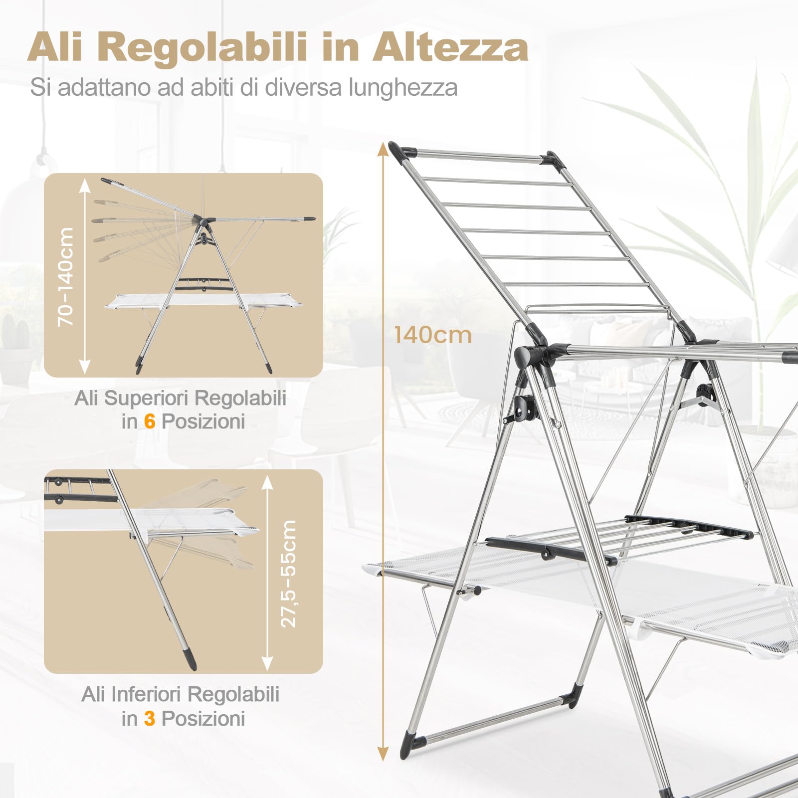 COSTWAY Stendibiancheria da Pavimento Pieghevole, Stendino a 2 Piani con Barra per Appendere, Ala Regolabile in Altezza, Clip per Calzini, Gancio per Scarpe, Stendibiancheria per Interno ed Esterno