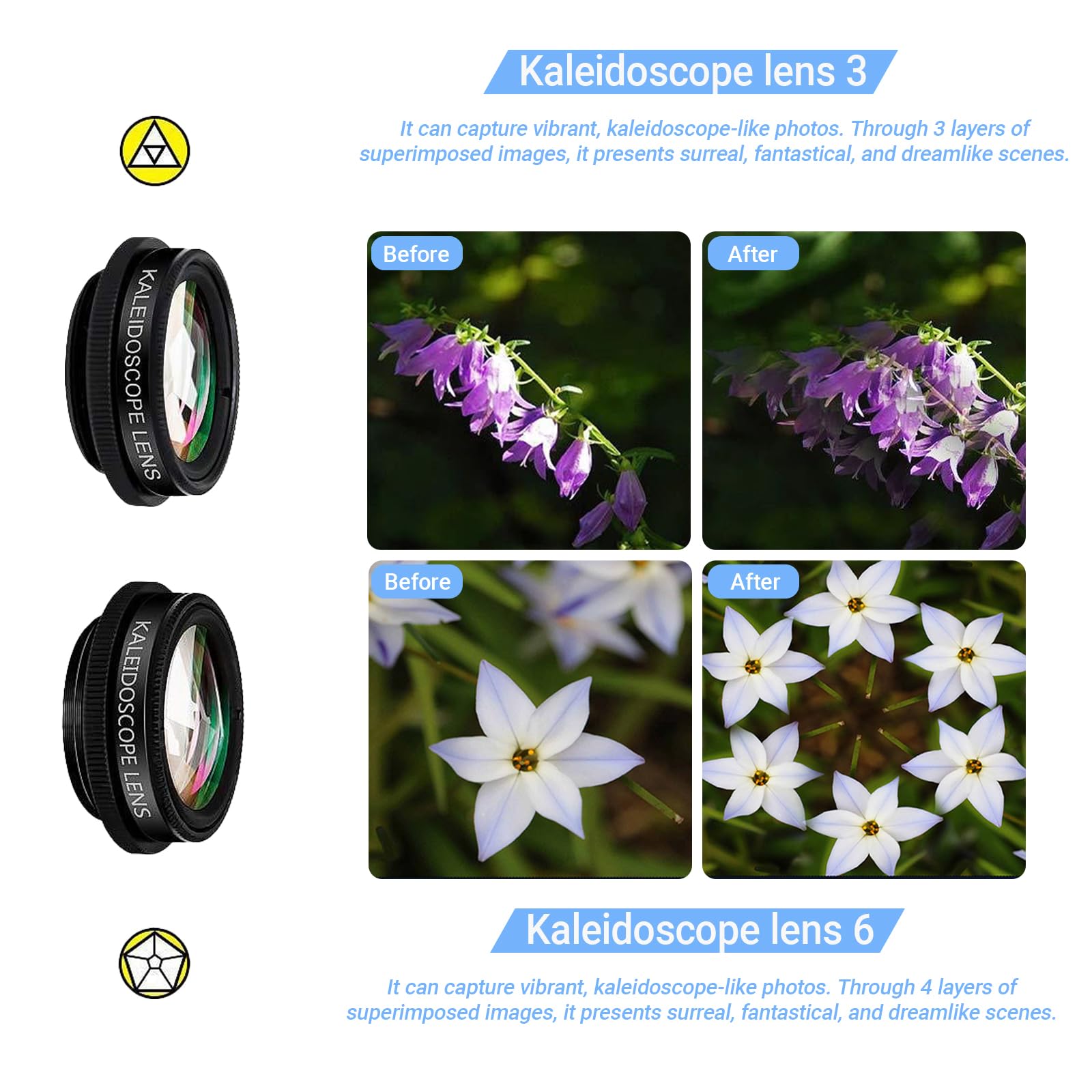 Obiettivo per fotocamera 11 in 1, obiettivo per cellulare con treppiede, 22 teleobiettivi, 0,63 x larghi, lenti fisheye a 198°, 15 x telefoni cellulari, caleidoscope lens6 – per la maggior