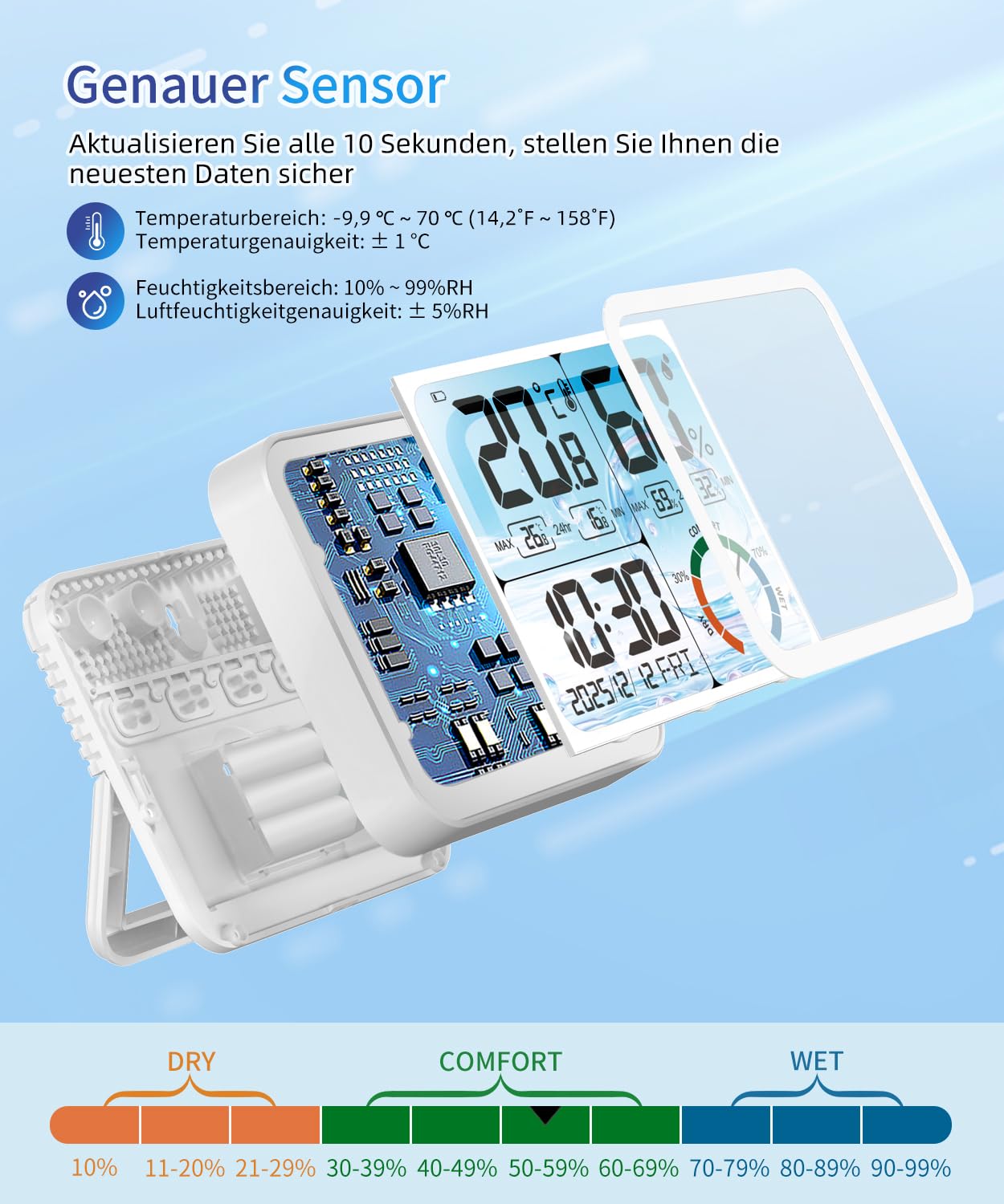VOCOO 5.8" Digitales Raumthermometer und Hygrometer – LCD-Display mit Hintergrundbeleuchtung und Komfortanzeige, Max/Min-Speicher, Uhr und Kalender, zwei Stromversorgungsmöglichkeiten (USB/Batterie)
