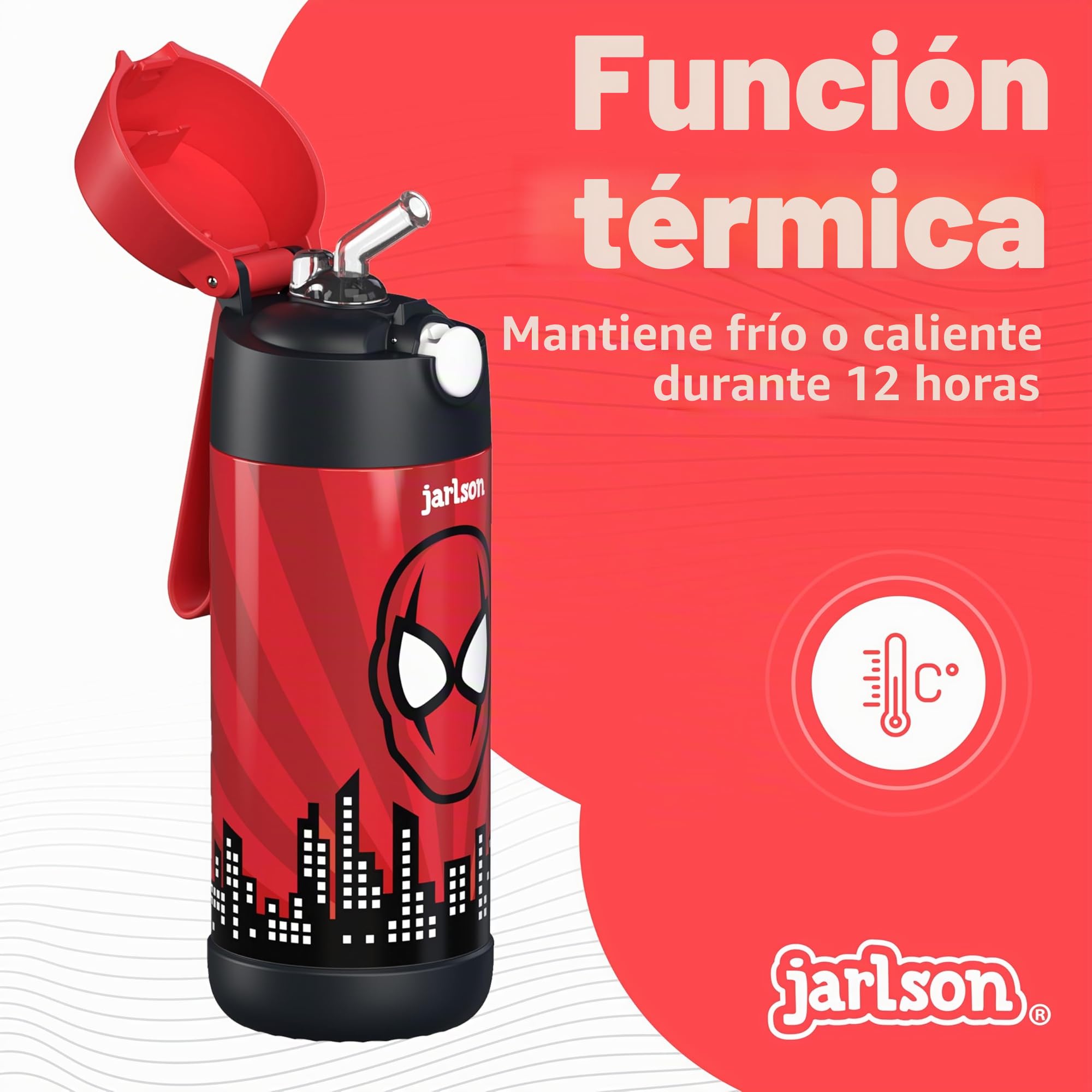 Jarlson® Botella Agua Niños & Niñas CHARLI [ACERO INOXIDABLE] - Garrafa Térmica Infantil Sin BPA - Water Bottle con Pajita - Botellas Inox a Prueba de Fugas - Para Escuela (350ml Superhéroe)