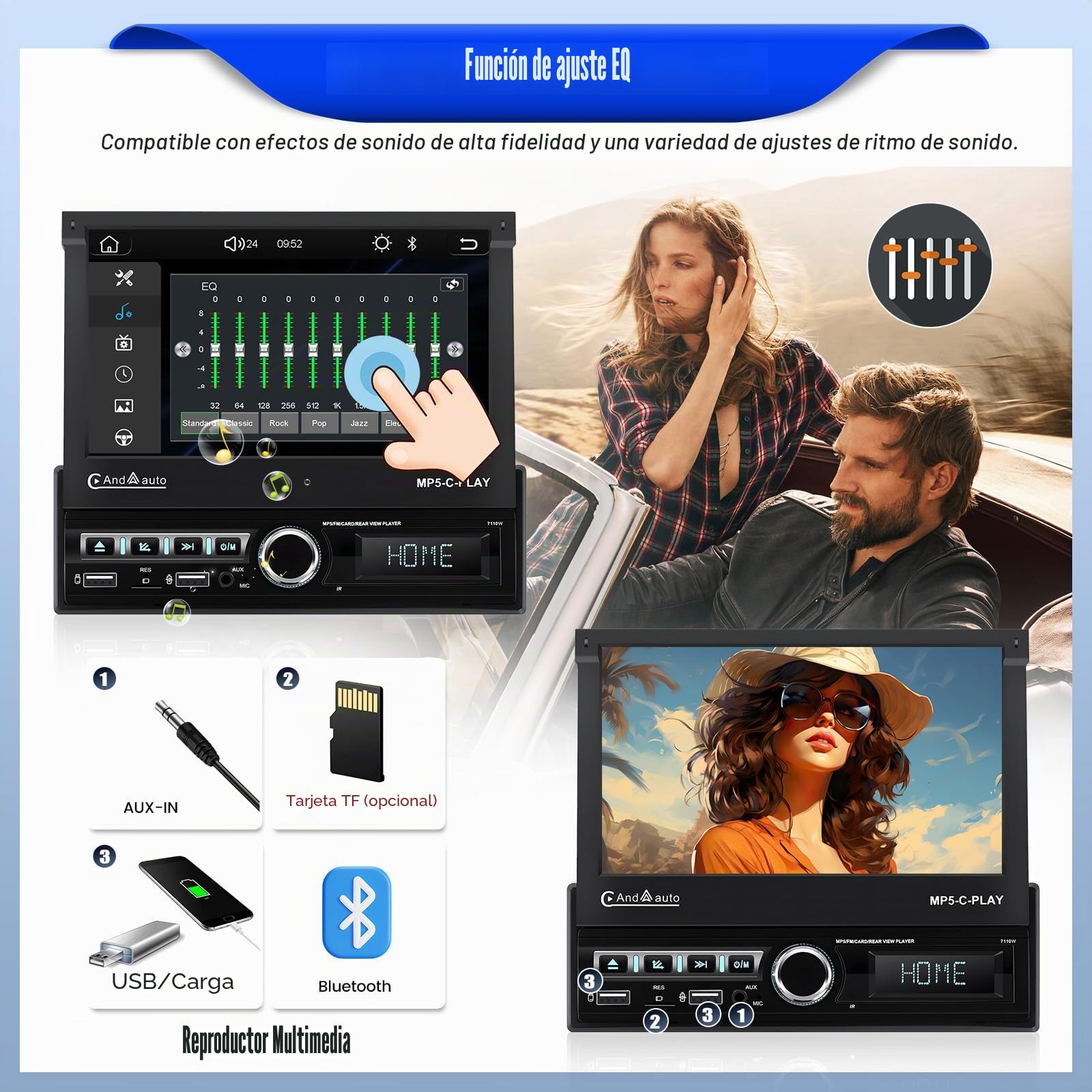 CAMECHO Radio de Coche 1 DIN con Carplay inalámbrico y Android Auto, Radio de Coche con Pantalla Táctil Extensible Motorizada de 7 Pulgadas con Mirror Link Bluetooth FM/RDS EQ USB AUX SWC Cámara+Mic