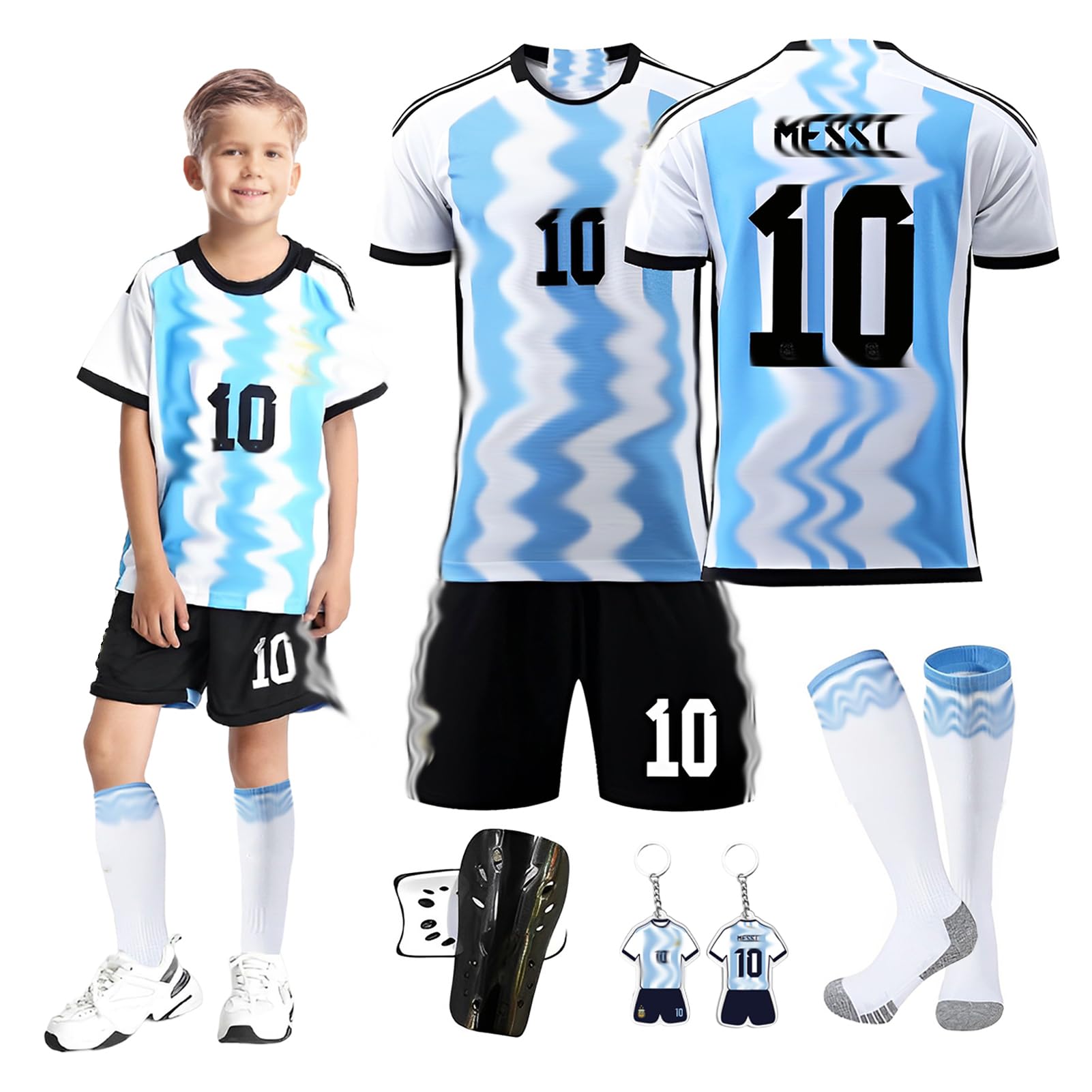 Byhsoep Camiseta de Fútbol,Conjunto de Fútbol de Jersey para Niños con Camiseta,Camiseta Deportiva de Fútbol con Pantalones Cortos,Calcetines y Placa Protectora de Rodilla