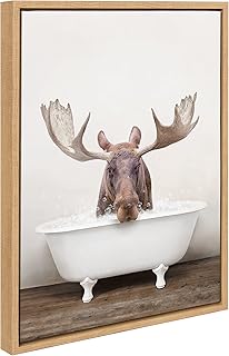 Kate and Laurel Sylvie Moose Rustic Bubble Bath Framed Canvas Wall Art by Amy Peterson Art Studio; 18x24 Natural; Modern Fun Decorative Bathtub Wall Art for Home Décor