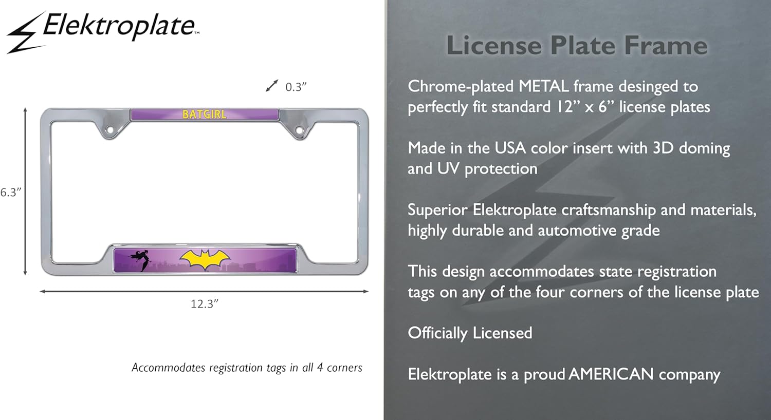 Elektroplate Officially Licensed - DC Comics Batgirl Chrome-Plated All-Metal Open Corner Superhero License Plate Frame Tag Holder for Cars/SUVs/Trucks Weather-Proof Automotive Accessory