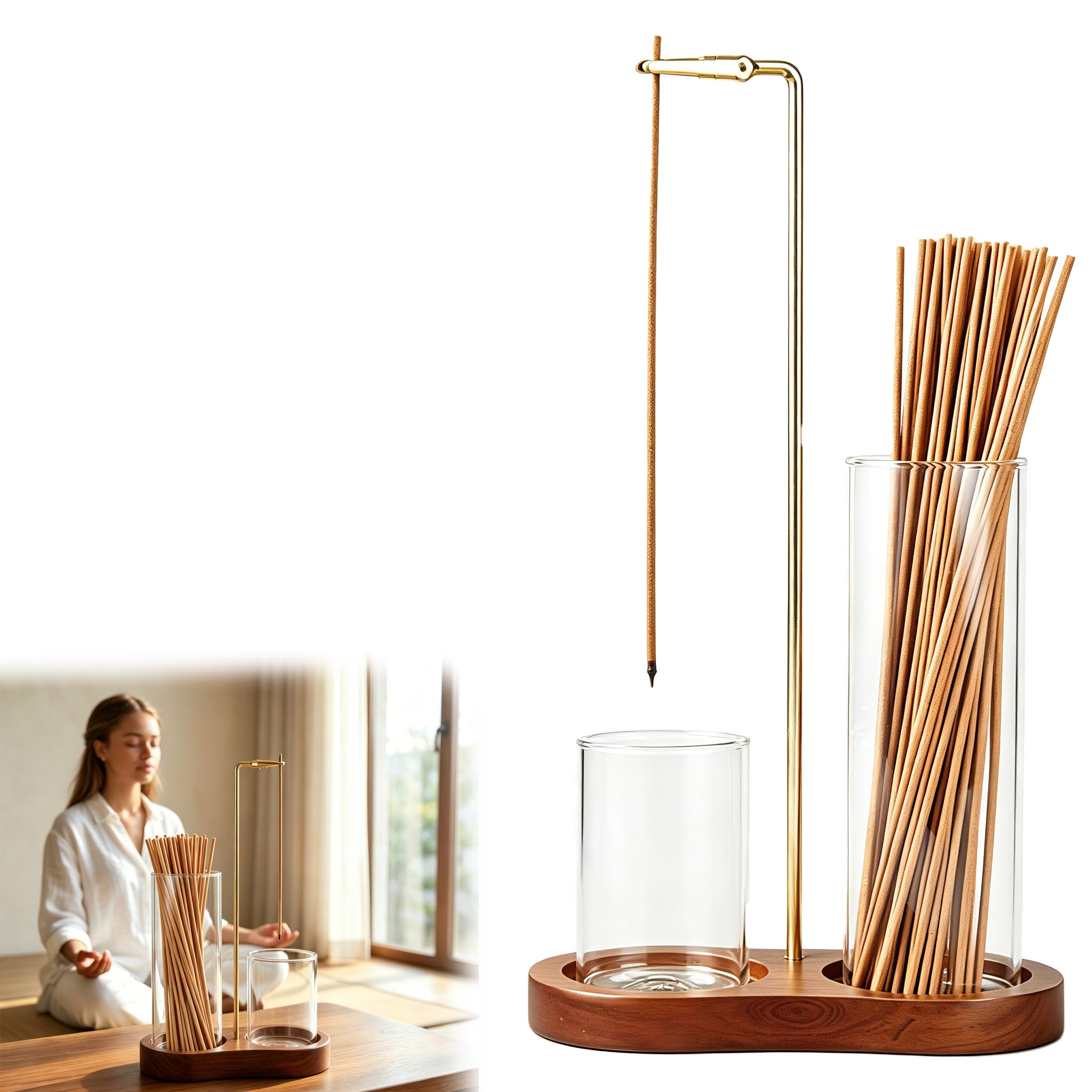 Vurixfo Incense Holder, 2 In 1 Wooden Incense Holder for Sticks Upside Down Wooden Incense Burner with Glass Ash Catcher for Meditation Yoga Spa Room Decor Zen Meditation and Home Relaxation