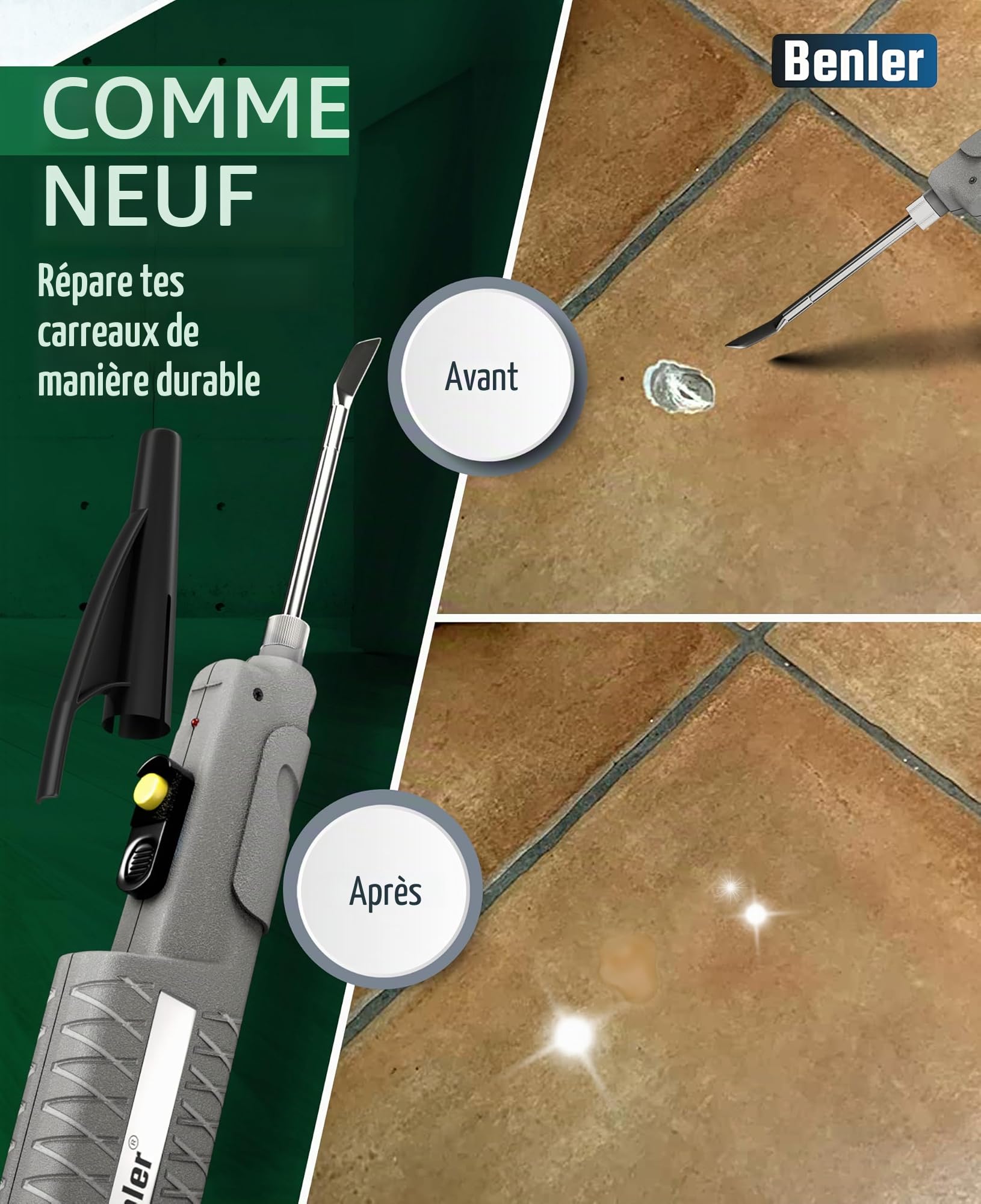 Kit de réparation de carrelage avec fontaine 2 en 1 pour carrelage, convient également pour le stratifié, le parquet et le sol en vinyle – Kit de réparation 19 pièces (marron/gris)