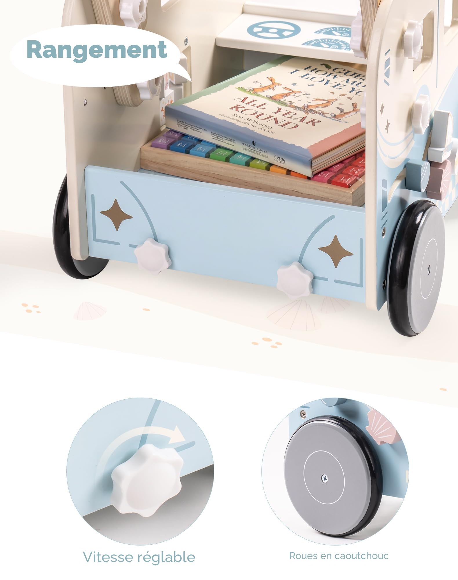 ROBUD Trotteur Bebe en Bois, Multifonction Chariot de Marche Bébé avec Centre d’Activités, Hauteur et Vitesse Réglables, Enfants Jouets Cadeau pour Fille Garçon de 10 Mois à 2 Ans (Bus de Vacances)