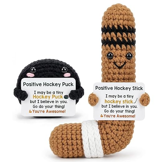 Positive Crochet Hockey Gift Set, Handmade Knitted Hockey Stick Puck with Card, Emotional Support Sports Gift for Teammates Men Women, Cute Cheer Up Birthday Gifts for Hockey Players