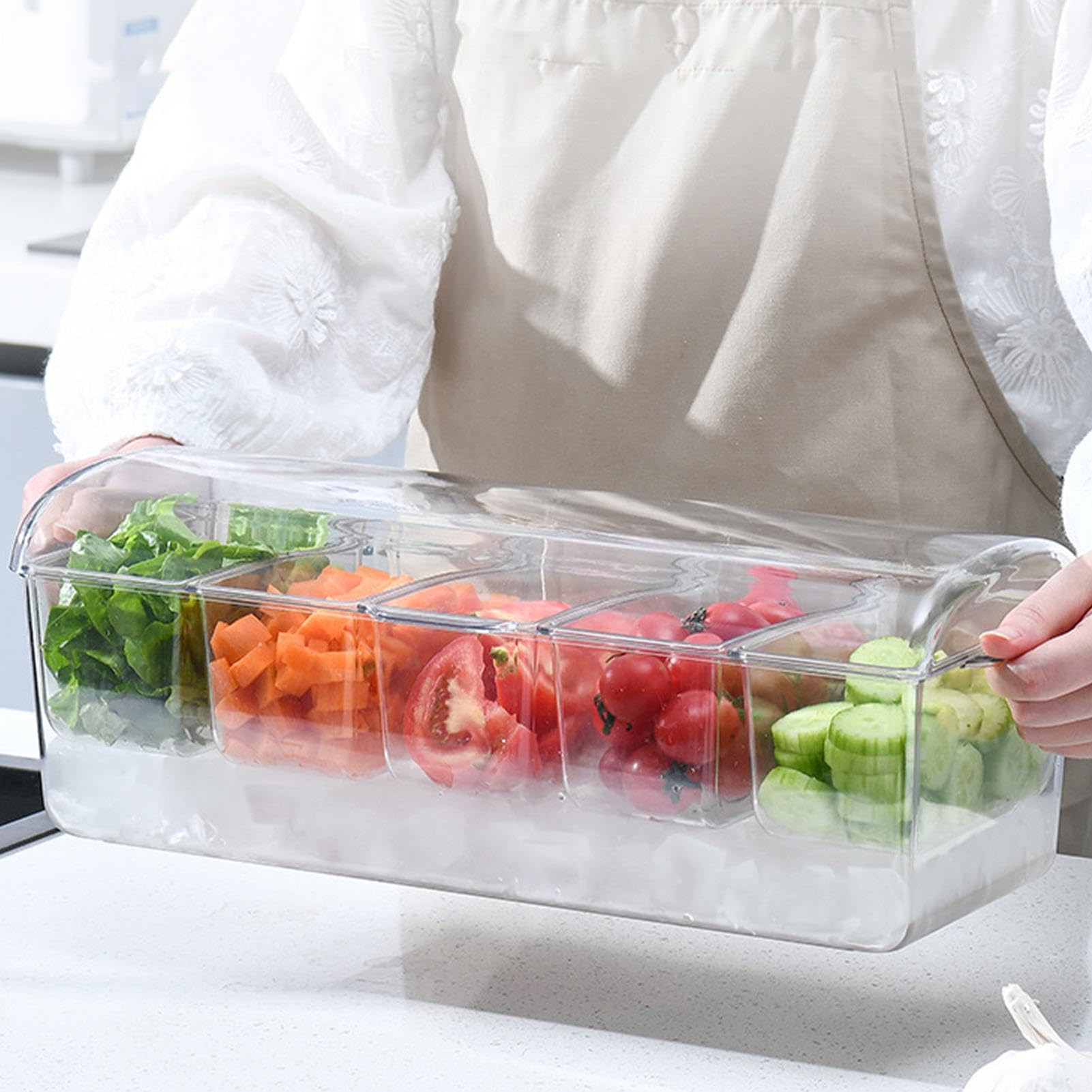 Garniertablett | Glas-Lebensmitteltablett | gekühlte Platte, Gewürz-Servierer, transparent, stilvoll, vielseitig, stabil, gekühlter Gewürz-Servierer mit 5 Fächern für Partys, Catering,
