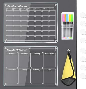 MIKEDE 2 Pack Acrylic Magnetic Calendar for Fridge, 15.2"x11.2" Reusable Dry Erase Magnetic Board with 6 Color Highlight Markers, Monthly and Weekly Planner with Strong Fridge Magnets for Refrigerator