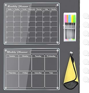MIKEDE 2 Pack Acrylic Magnetic Calendar for Fridge, 15.2"x11.2" Reusable Dry Erase Magnetic Board with 6 Color Highlight Markers, Monthly and Weekly Planner with Strong Fridge Magnets for Refrigerator