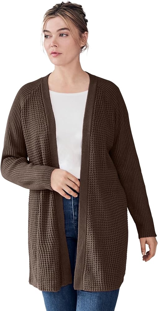 ellos Women's Plus Size Open Front Waffle Cardigan Oversized Long