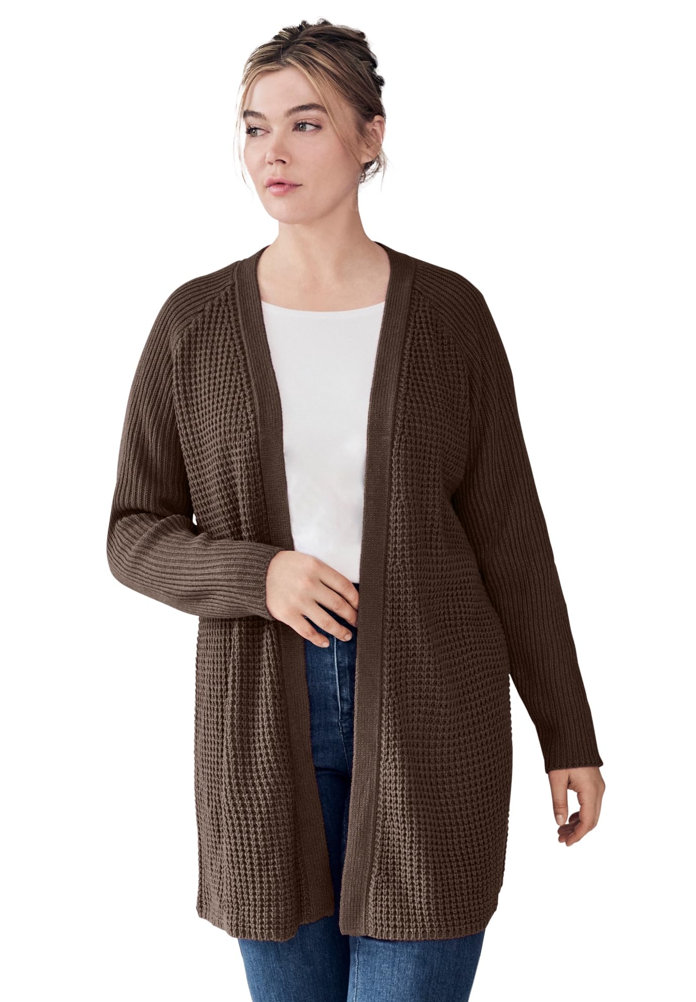 ellos Womens Plus Size Open Front Waffle Cardigan Oversized Long Lightweight Sweater
