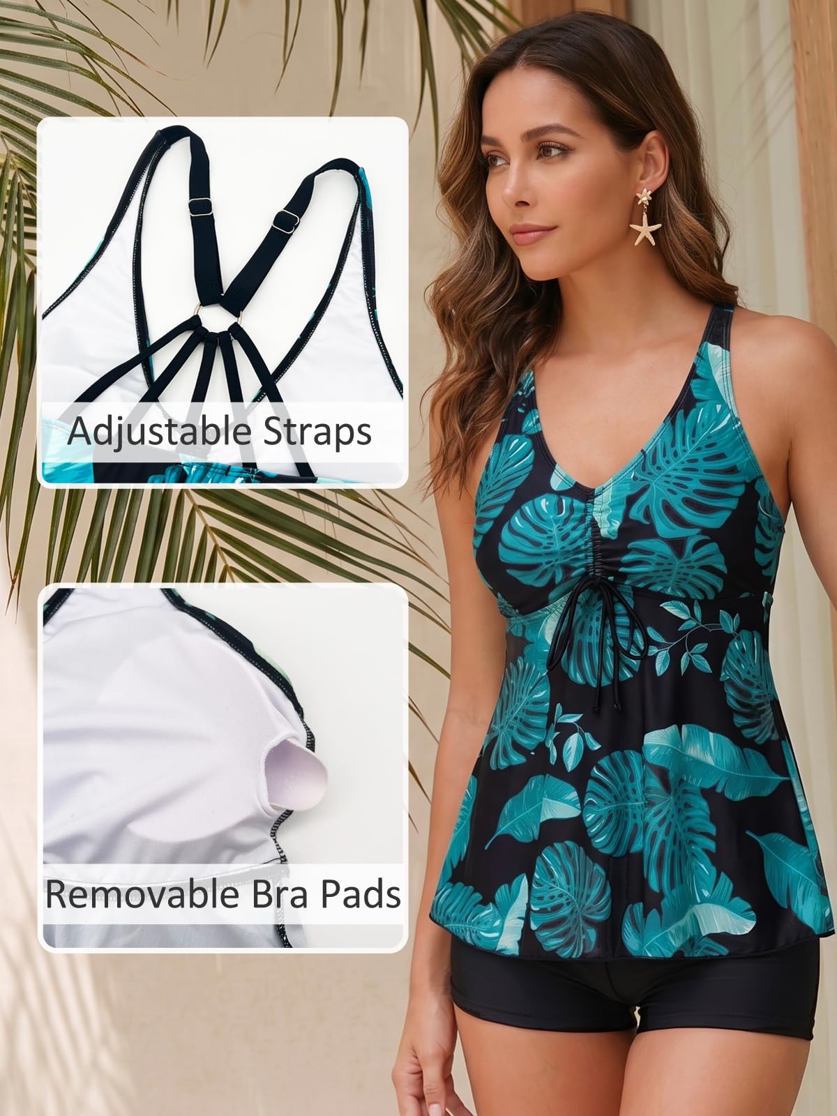 Maillot de bain 2 pièces pour femme, Lacets à l'avant, Dos nageur, Maillot de bain grande taille, Tankini avec short