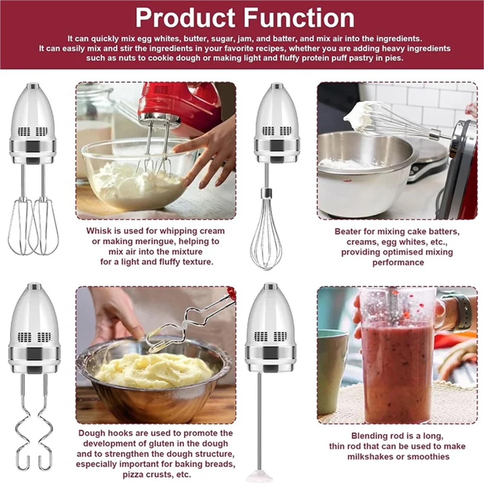 6 accessori for frullatore manuale frullino, frusta, asta for frullare e ganci for impastare, for in acciaio inossidabile for Kitchenaid per Salse, Impasto