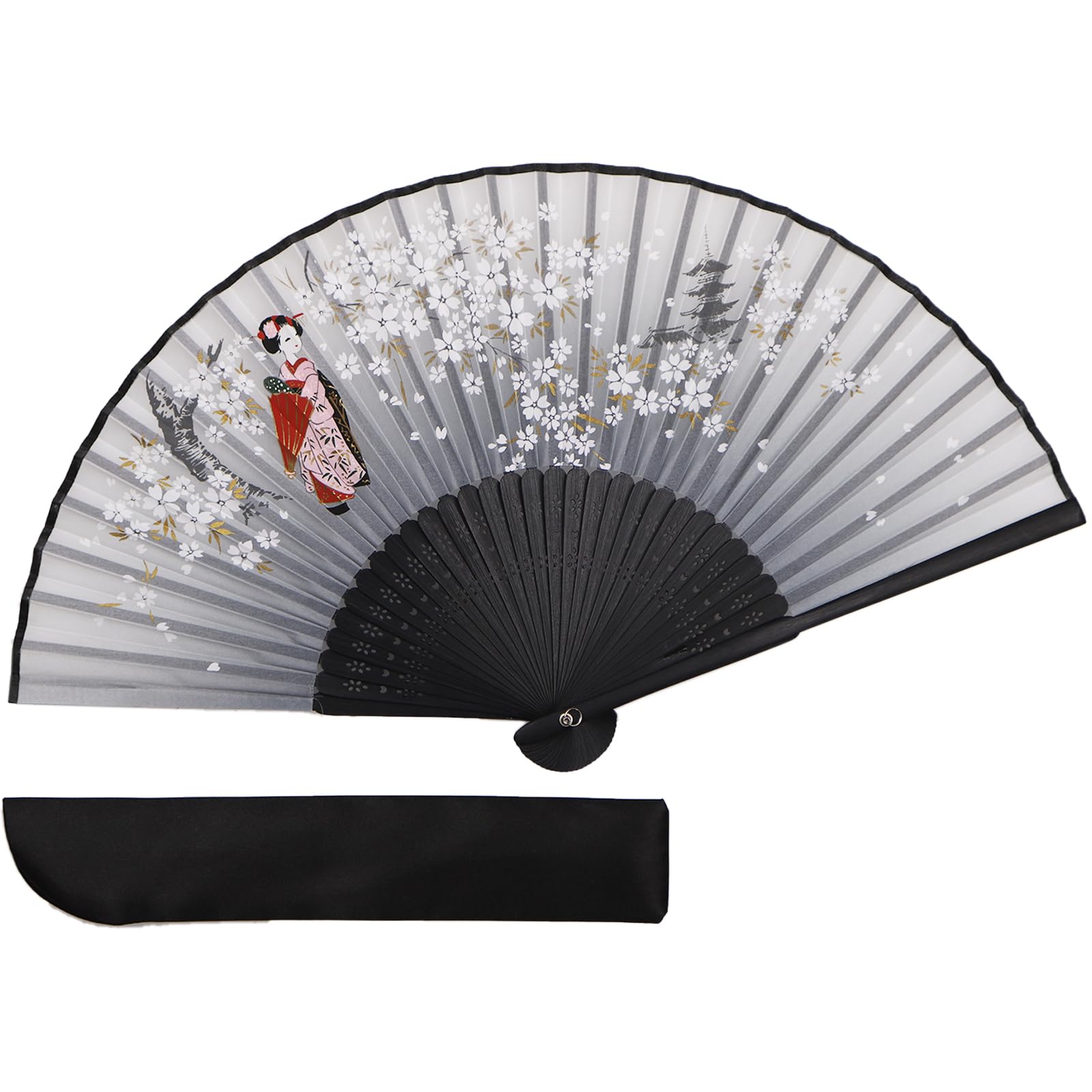 TOuWA Folding Fan, Men/Women, Bamboo Ribs, Japanese Pattern, Lightweight, Japan Souvenir, Festival, Fireworks Display, Year-End Party, New Year Party, Recital, Kimono, 2-Piece Set (Fan, Fan Pouch) : C