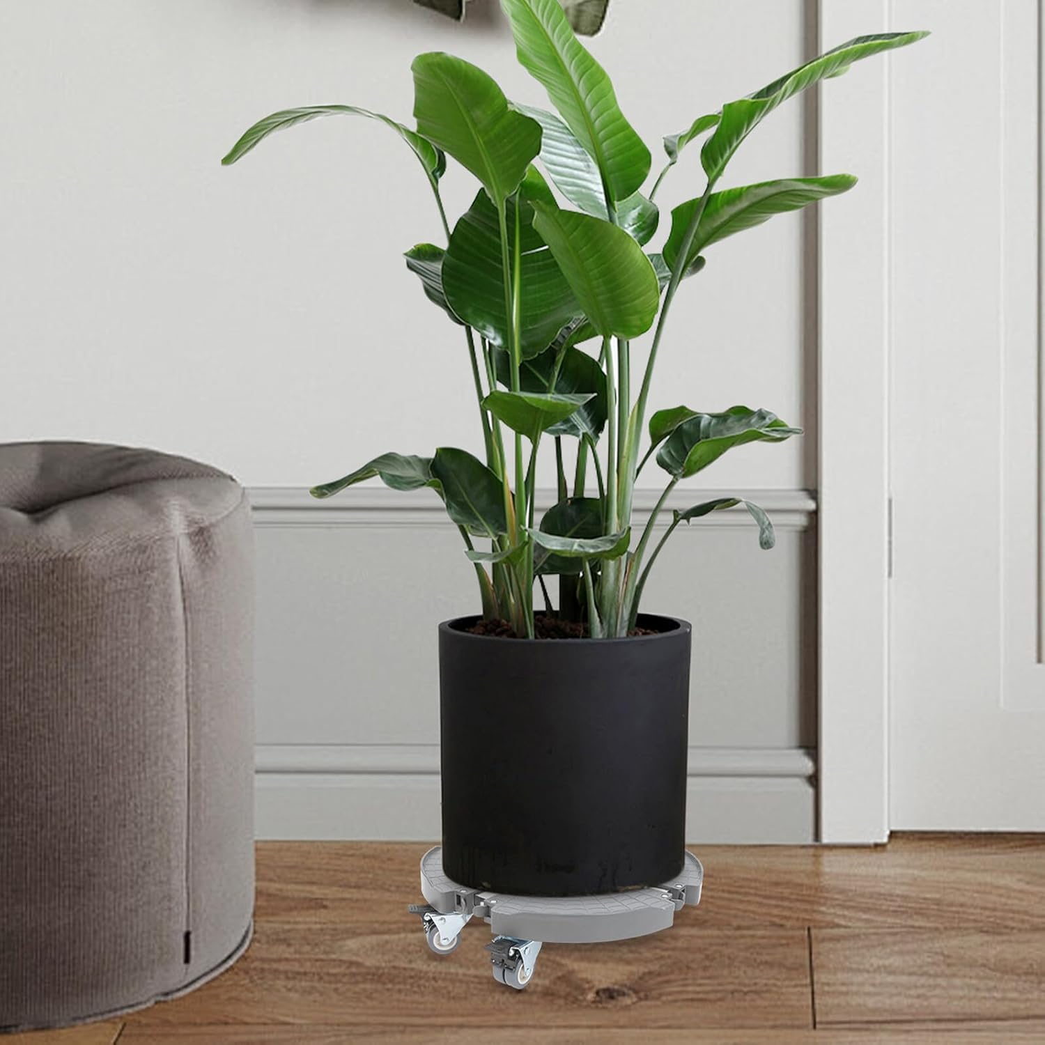 Lurrose Rolling Plant Pallet with Wheels, Movable Flower Pot Tray for Indoor Outdoor Use, Heavy Duty Gray Plant Dolly Stand with Caster Wheels and Extendable Round Base