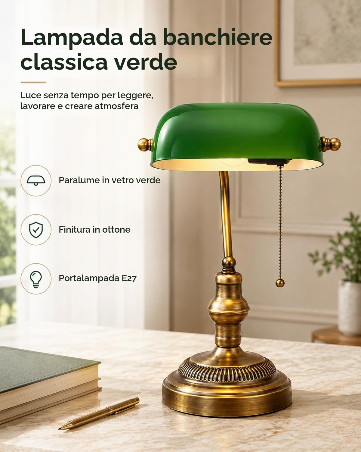 LANMOU Lampada da Banchiere Verde, E27, Paralume In Vetro | Tradizionale Lampada da Scrivania Retrò, Interruttore Cerniera, Finitura Ottone, Luce Ministeriale, Biblioteca