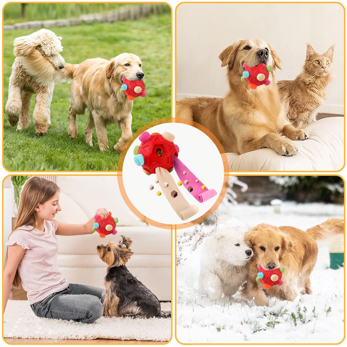 Schnüffelball für Hunde, interaktives Puzzle-Hundespielzeug, fördert natürliche Nahrungssuche, langsames Füttern für Training und Stressabbau, Stoffstreifen, versteckt Lebensmittel, Kauspielzeug für